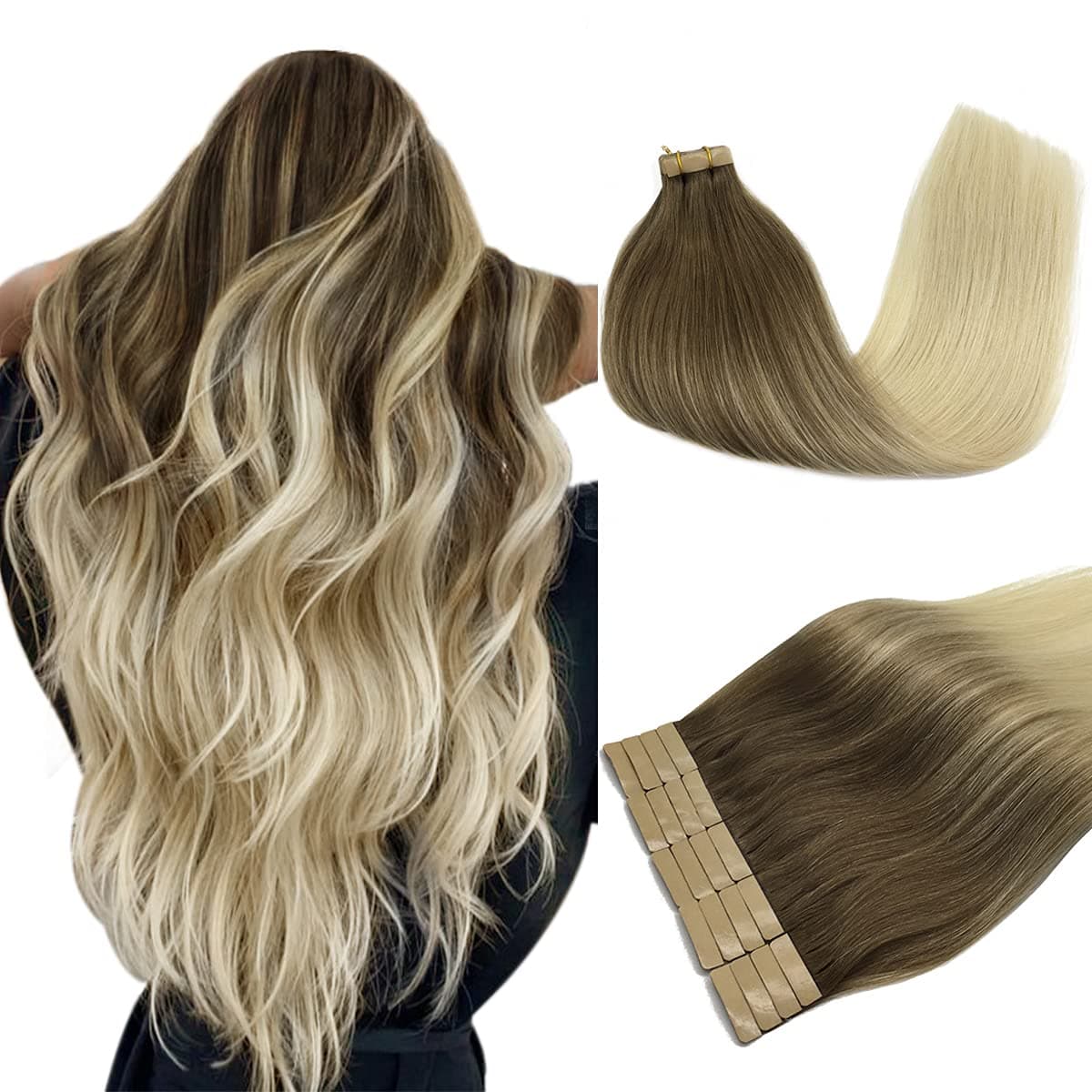 DOORES Tape in Hair Extensions Human Hair Ombre Ash Brown to Platinum Blonde 18 Inch 20pcs 50g Human Hair Extensions Tape in Skin Weft Remy