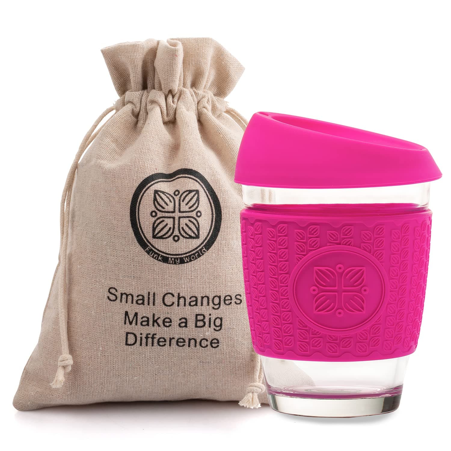Funk My WorldReusable Coffee Cup, Thickened Silicone Thermal Sleeve. 12oz Glass Travel Mug Eco Friendly (Fusion Pink)