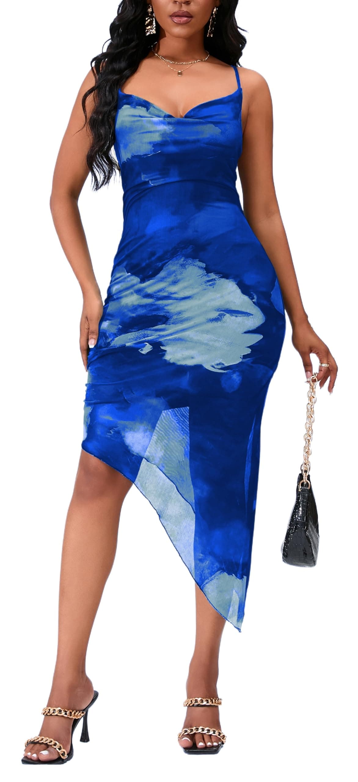 Women's Casual Tie-Dye Bodycon Maxi Tank Dresses Side Split Knee Length Beach Cocktail Party Clubwear Party Dress