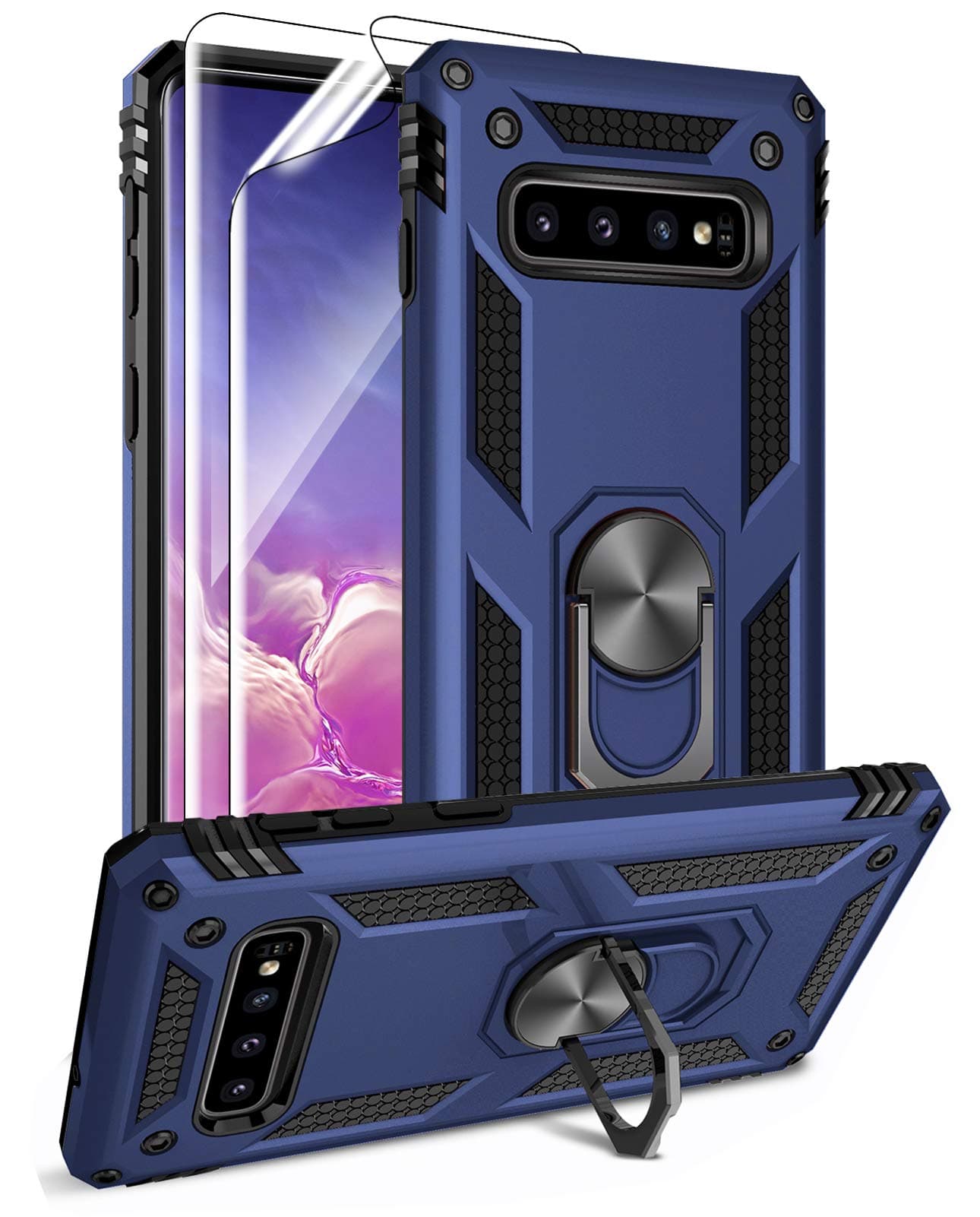 Samsung Galaxy S10 Case with HD Screen Protectors, Androgate Military-Grade Metal Ring Holder Kickstand 15ft Drop Tested Shockproof Cover Case for Samsung Galaxy S10 (2019) Blue