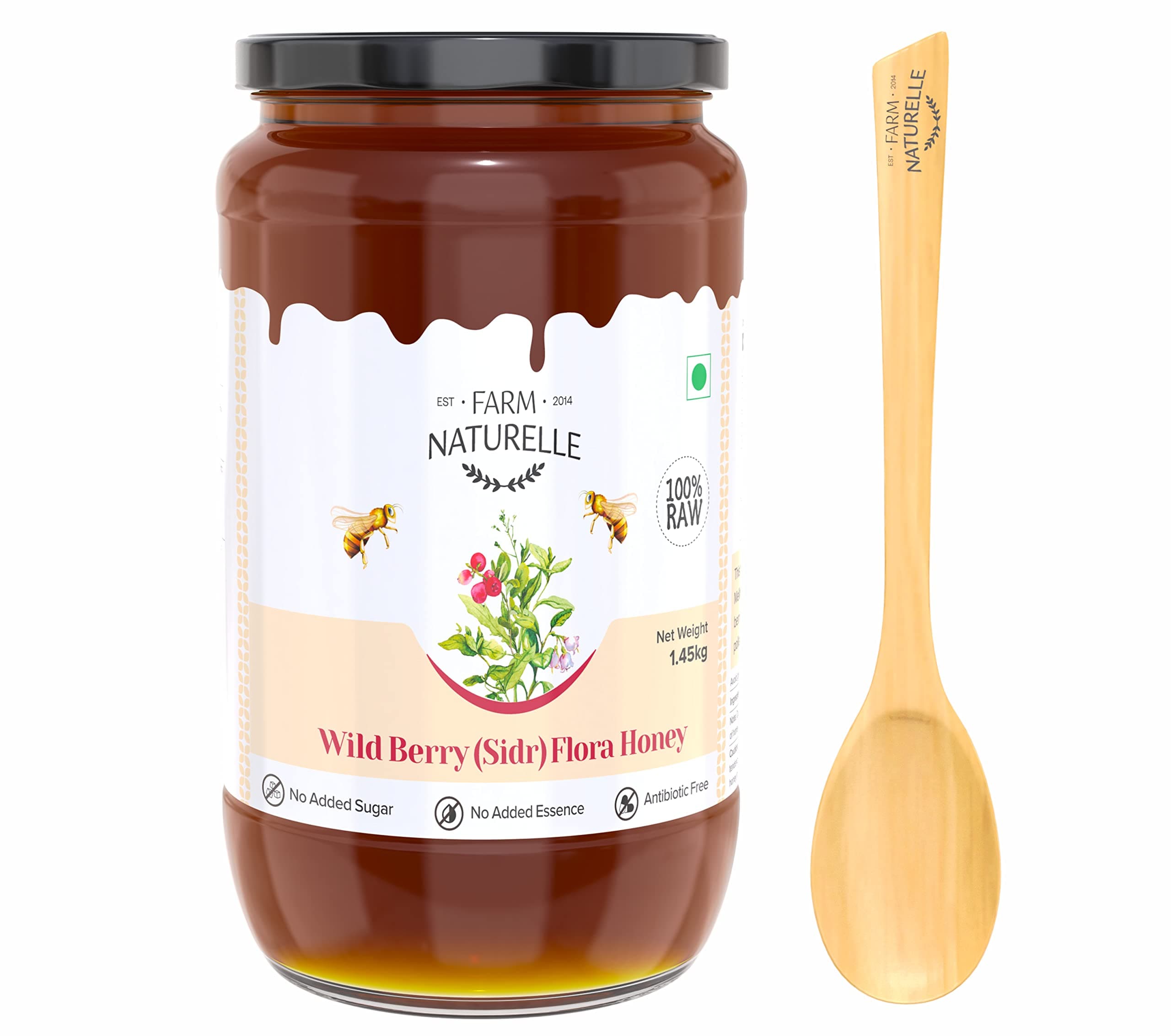 Farm Naturelle-Wild Berry Honey| 1.45kg and a Wooden Spoon|100% Pure Lab Tested Honey In Glass Bottle.