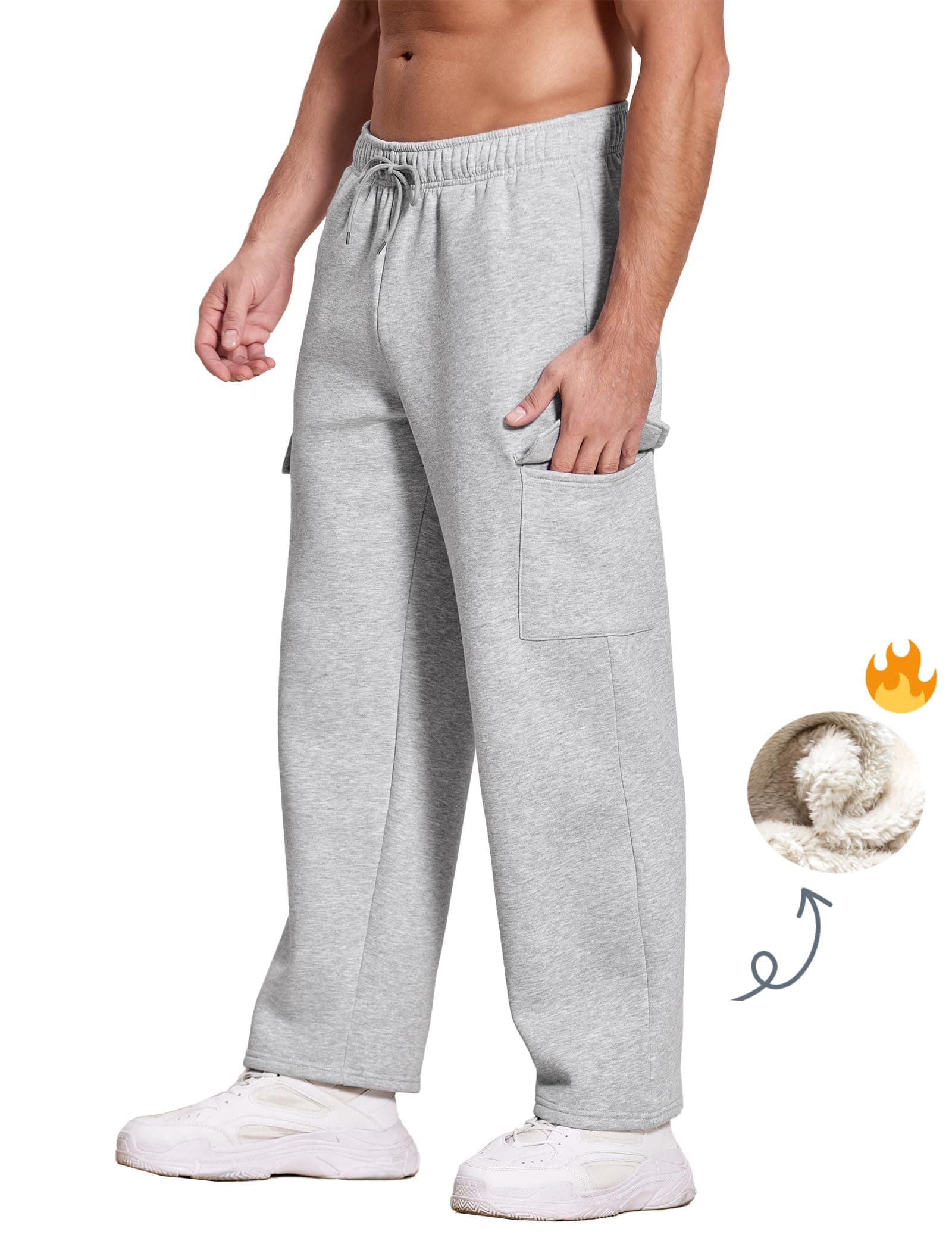 DeyeekMens Fleece Cargo Sweatpants Open Bottom Sweat Pants for Men Loose Fit Joggers Sweatpants Lounge Pants with Pockets