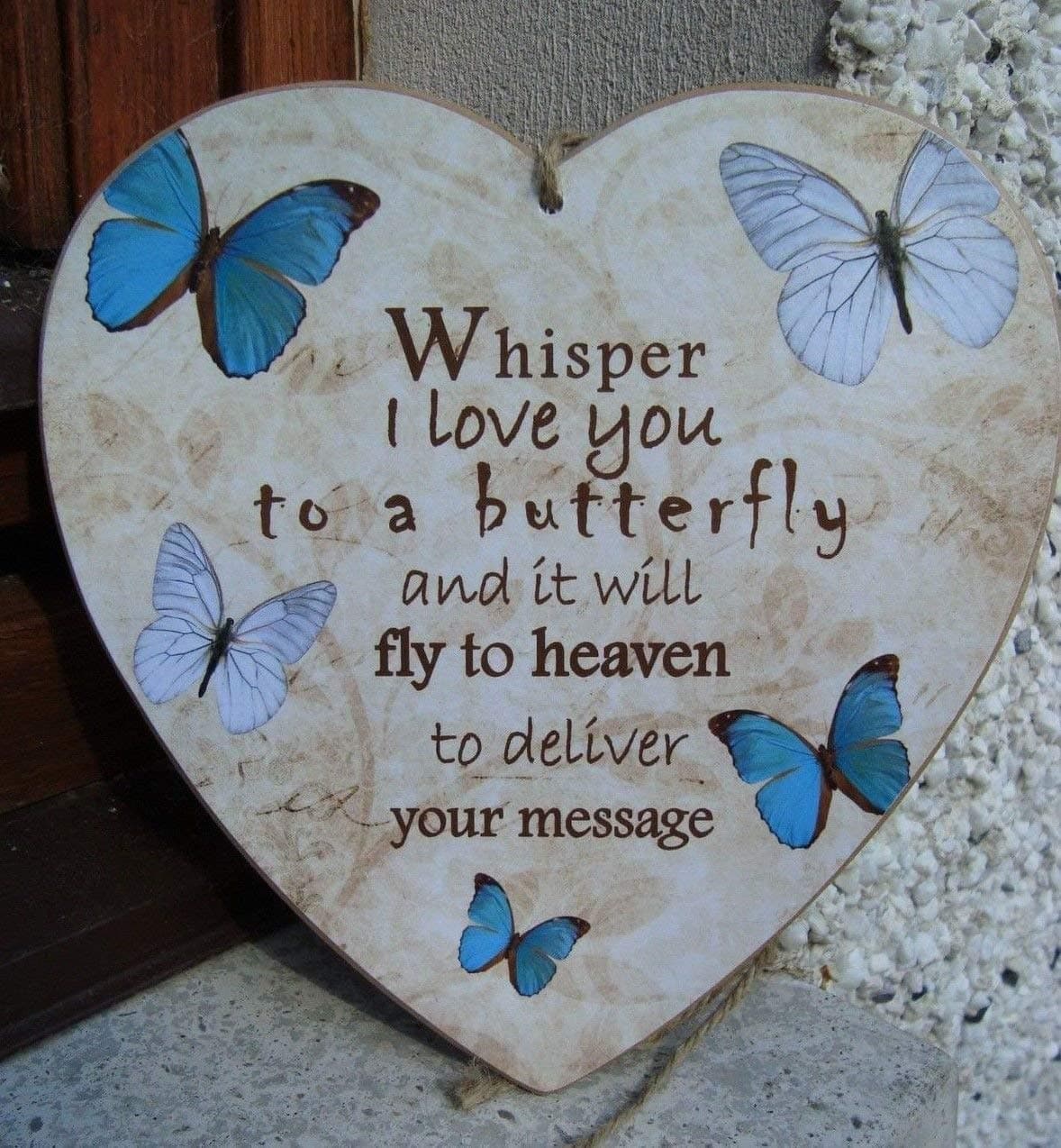 Fprqlyze Whisper I Love You to a Butterfly Heaven Message Blue Memorial Home Gift idea Heart Handmade Plaque