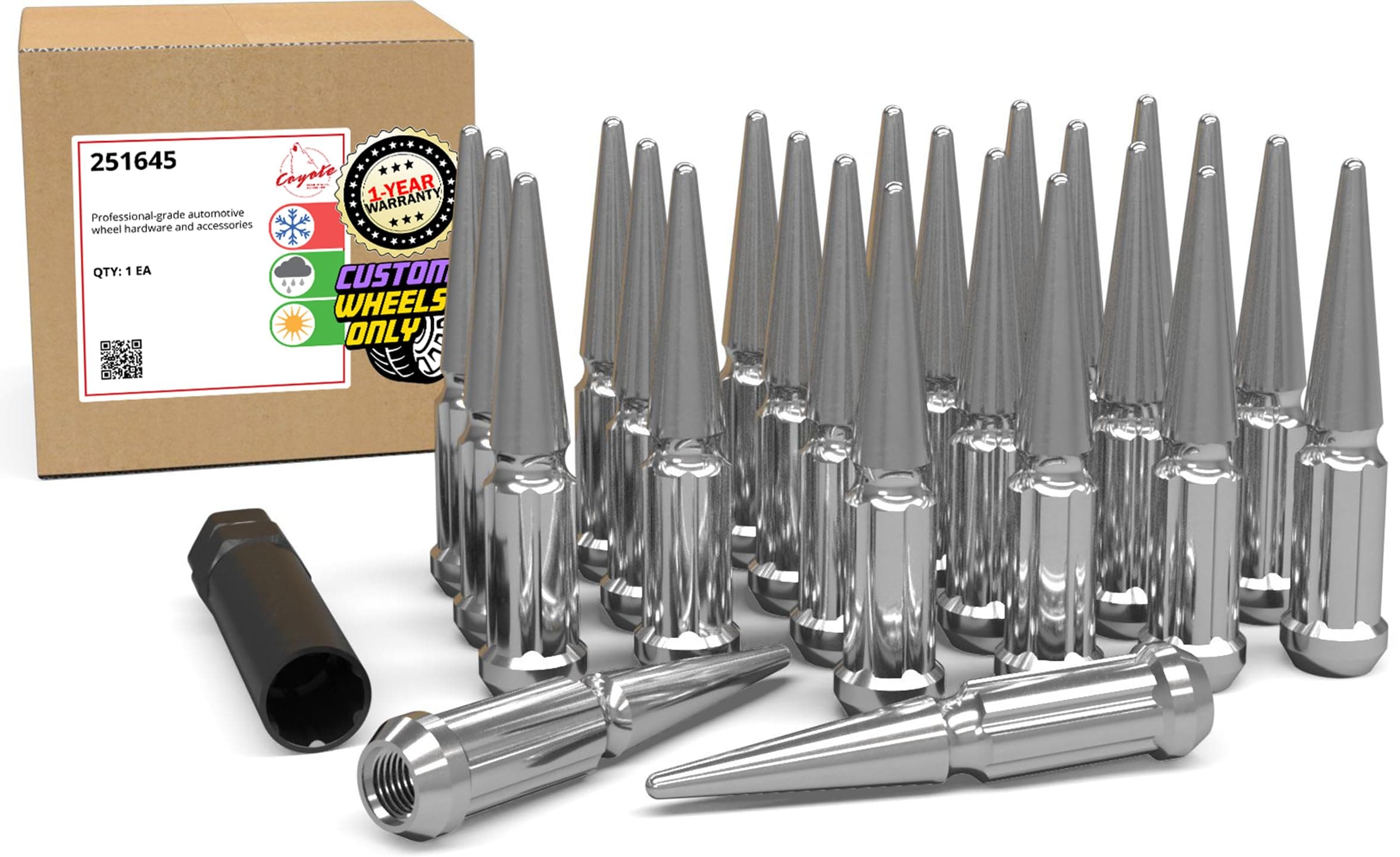 Wheel Accessories Parts 24 Pcs M12x1.5 12x1.5 Thread Spike Spline 4.40" Long Lug Nuts Chrome 7/8" & 13/16" Hex Fits Chevy Blazer Colorado GMC Jimmy Canyon | Ford Bronco Ranger (No Raptor)