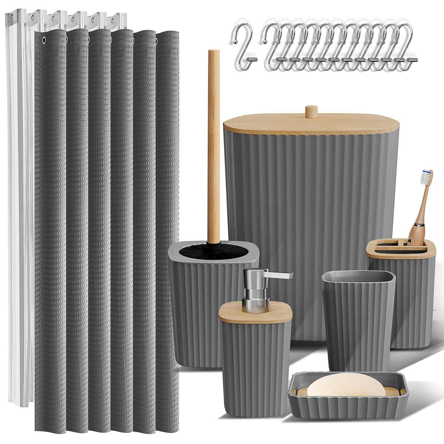 Bathroom Accessories Set - Bathroom Accessory Set with Shower Curtain Set, Toilet Brush, Trash Can & Soap Dispenser (Grey, Complete Set)