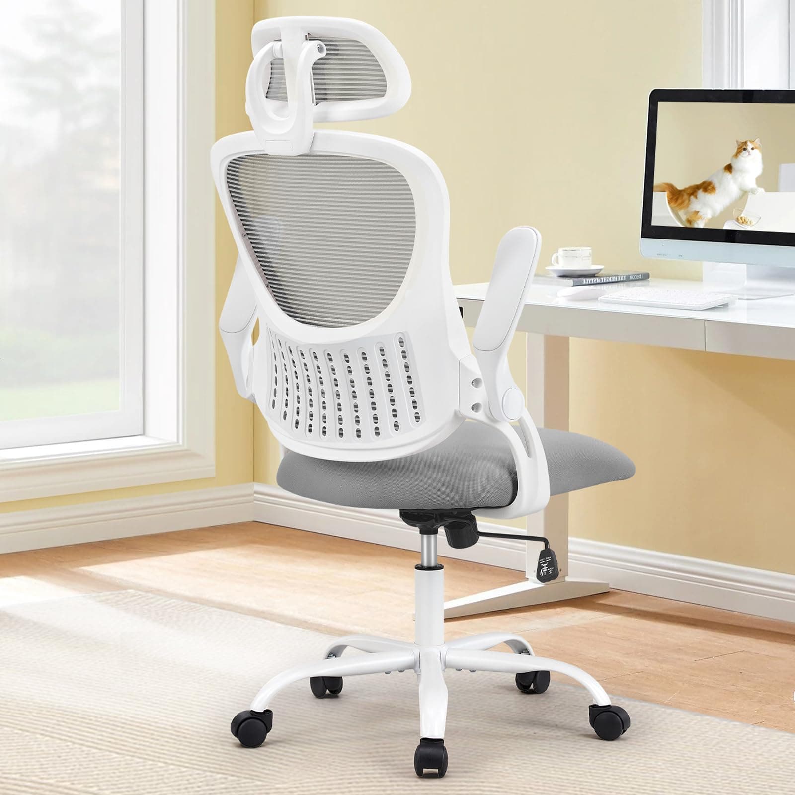Sweetcrispy Home Office Desk Chair, Ergonomic High-Back Mesh Rolling Work Computer Chairs with Wheels and Adjustable Headrests, Comfortable Lumbar Support, Comfy Flip-up Arms for Bedroom, Study, Grey