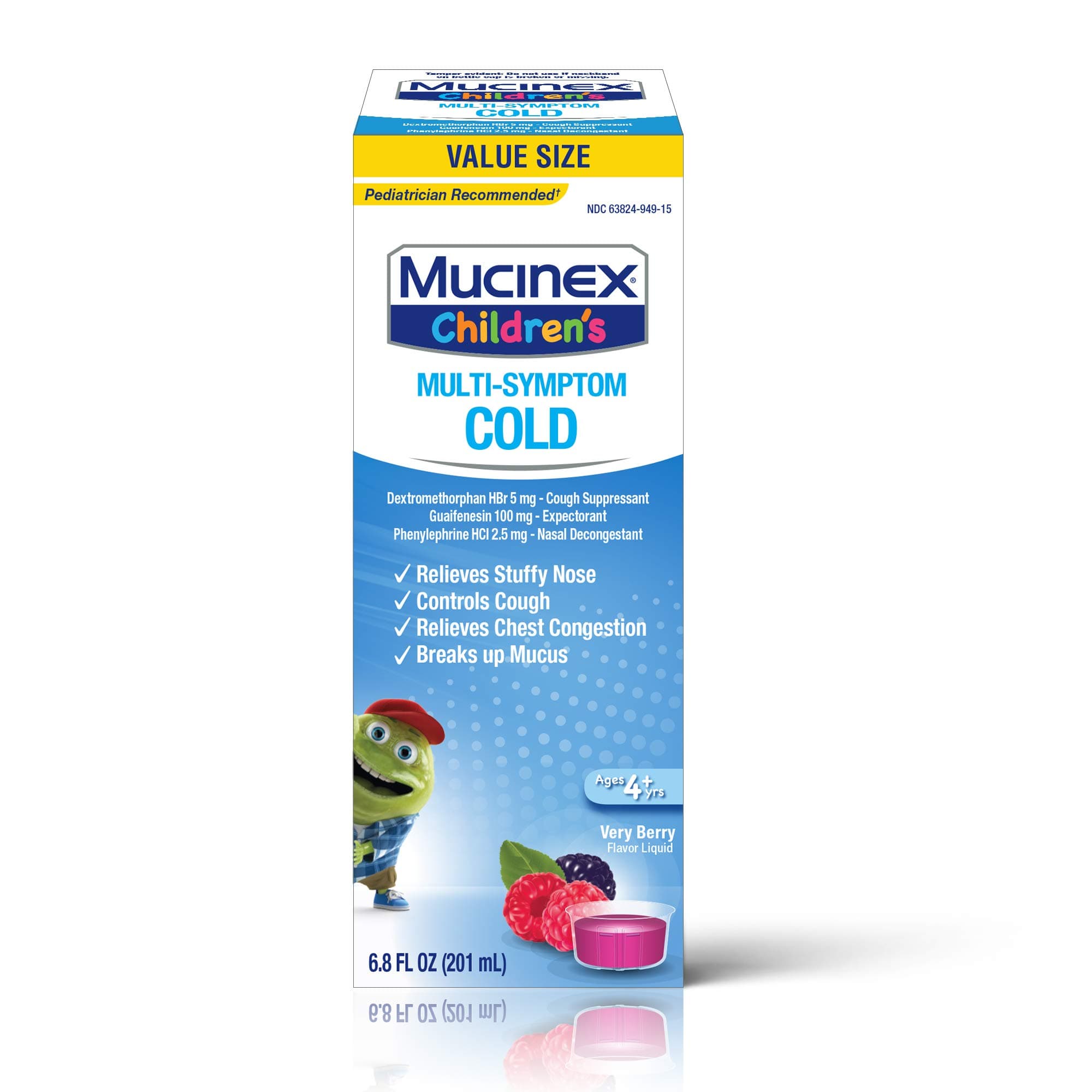 Cough Suppresent, Chest Congestion and Stuffy Nose Relief, Mucinex Children's Multi-Symptom Cold Liquid, 6.8 Fluid Ounce, Very Berry, Dextromethorphan, Guaifenesin, Phenylephrine