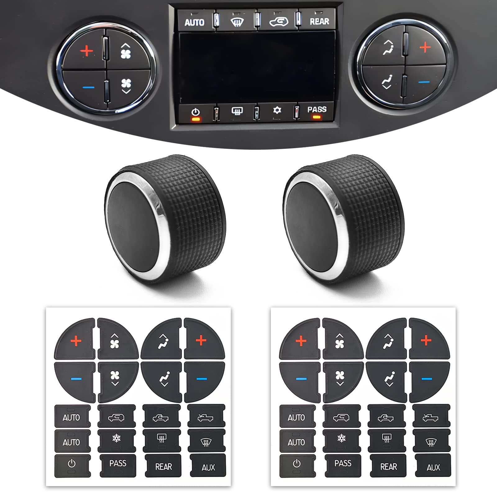 2Pcs Rear Radio Volume Control Knob with AC Dash Button Sticker (2 Pcs) for GM 22912547 Radio Repair Kit and Compatible with 07-14 Chevrolet Chevy GMC Buick Cadillac