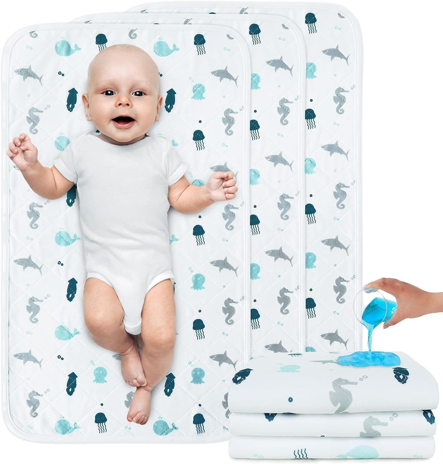 SPRINGSPIRITWaterproof Quilted Changing Mat Liners, Baby Diaper Changing Pad Covers, Anti-Slip & Washable, 27" x 14", 3 Pack, Oceans Pattern, TPU Material