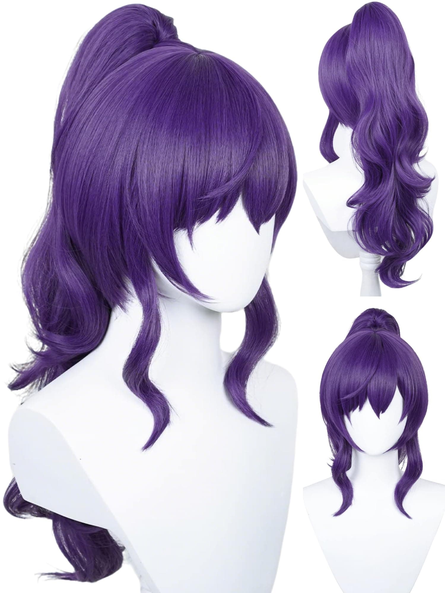 Half and Half Purple Ponytail Anime Wig with Bangs 23.6'' Long Curly Dark Purple Cosplay Wig Purple Game Nin-ja Costume Pigtail Wigs for Women Halloween Costume Party
