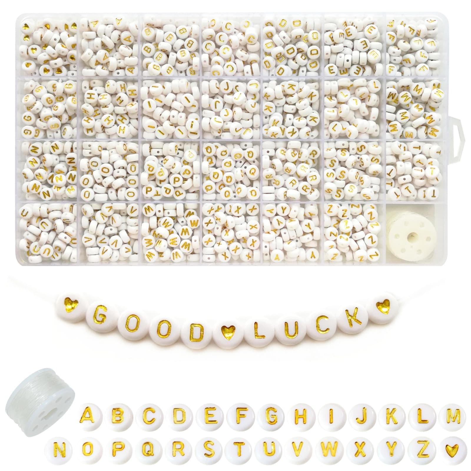 Looconi 1400pcs Letter Beads A-Z 4x7mm White On Gold Round Acrylic Alphabet Heart Beads and Beading Cord for Jewelry Making Bracelets Necklaces Key Chains
