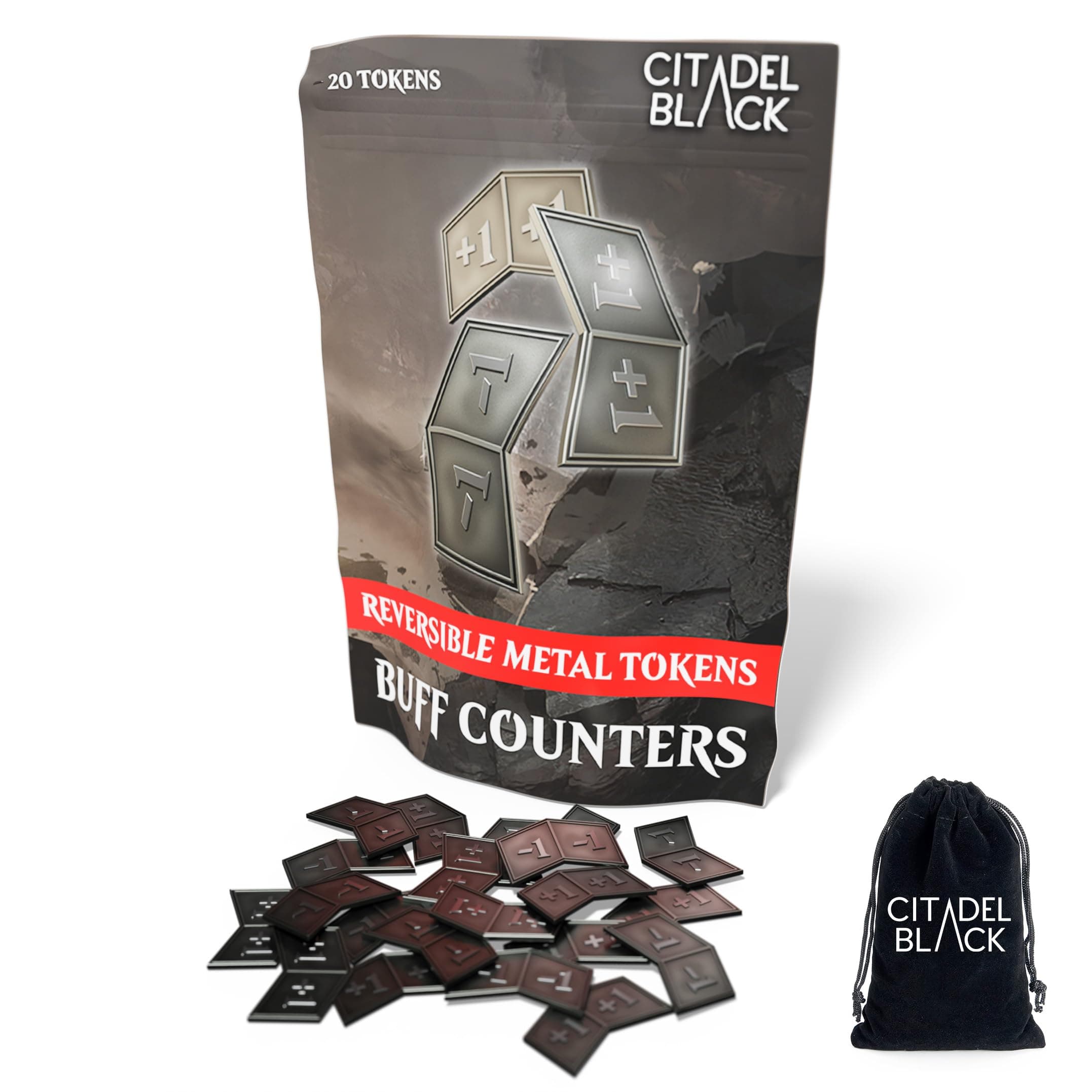 Citadel Black MTG Buff Counters +1/+1 and -1/-1 Set of 20 Metal Tokens - with Velvet Drawstring Pouch, Antique Silver Finish Metal Tokens