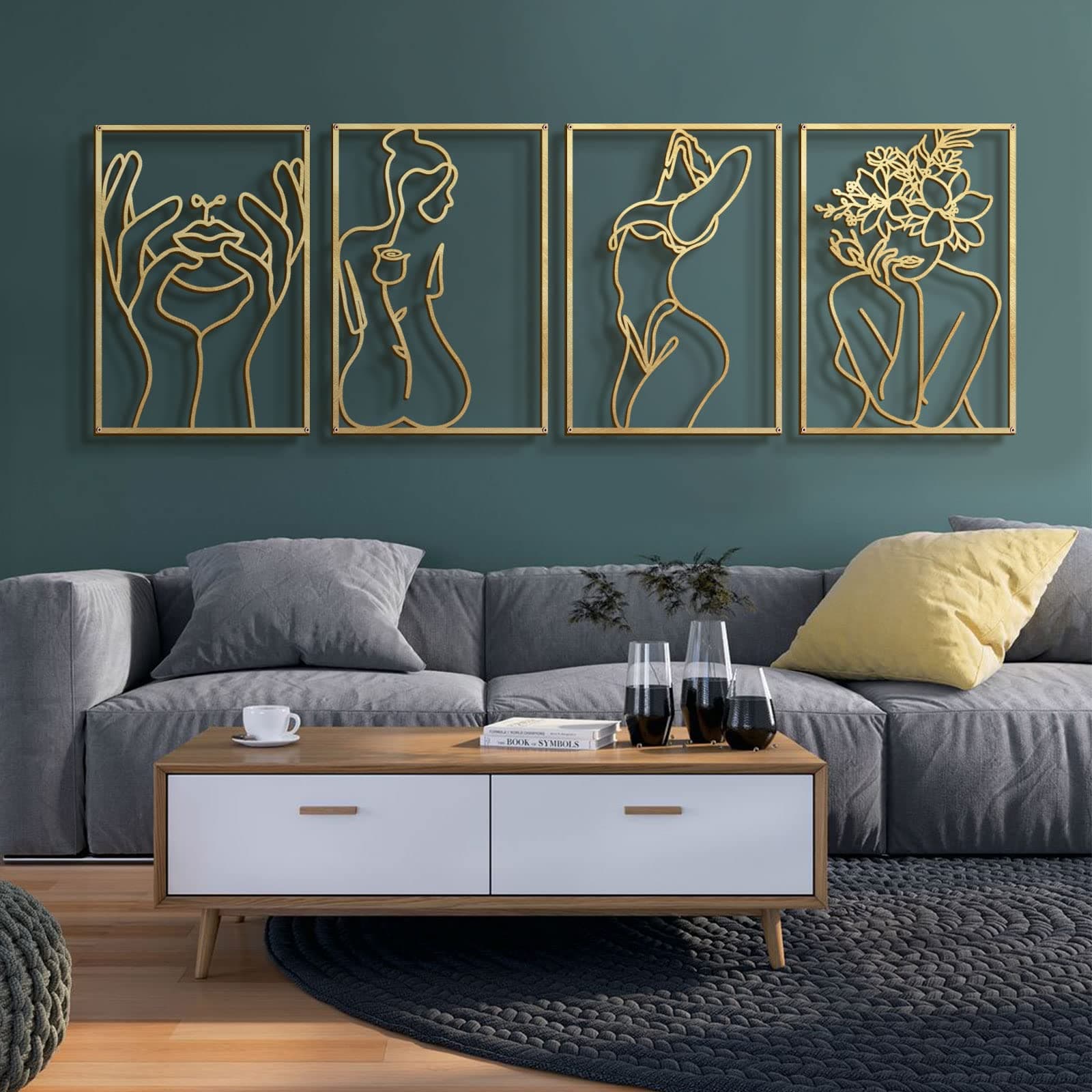 Glamativity 4 Pack Gold Wall Art Decor, Minimalist Single Line Real Metal Wall Art, Woman's Body Shape Abstract Wall Art (Gold Classic Style, 17 x 11.8'')