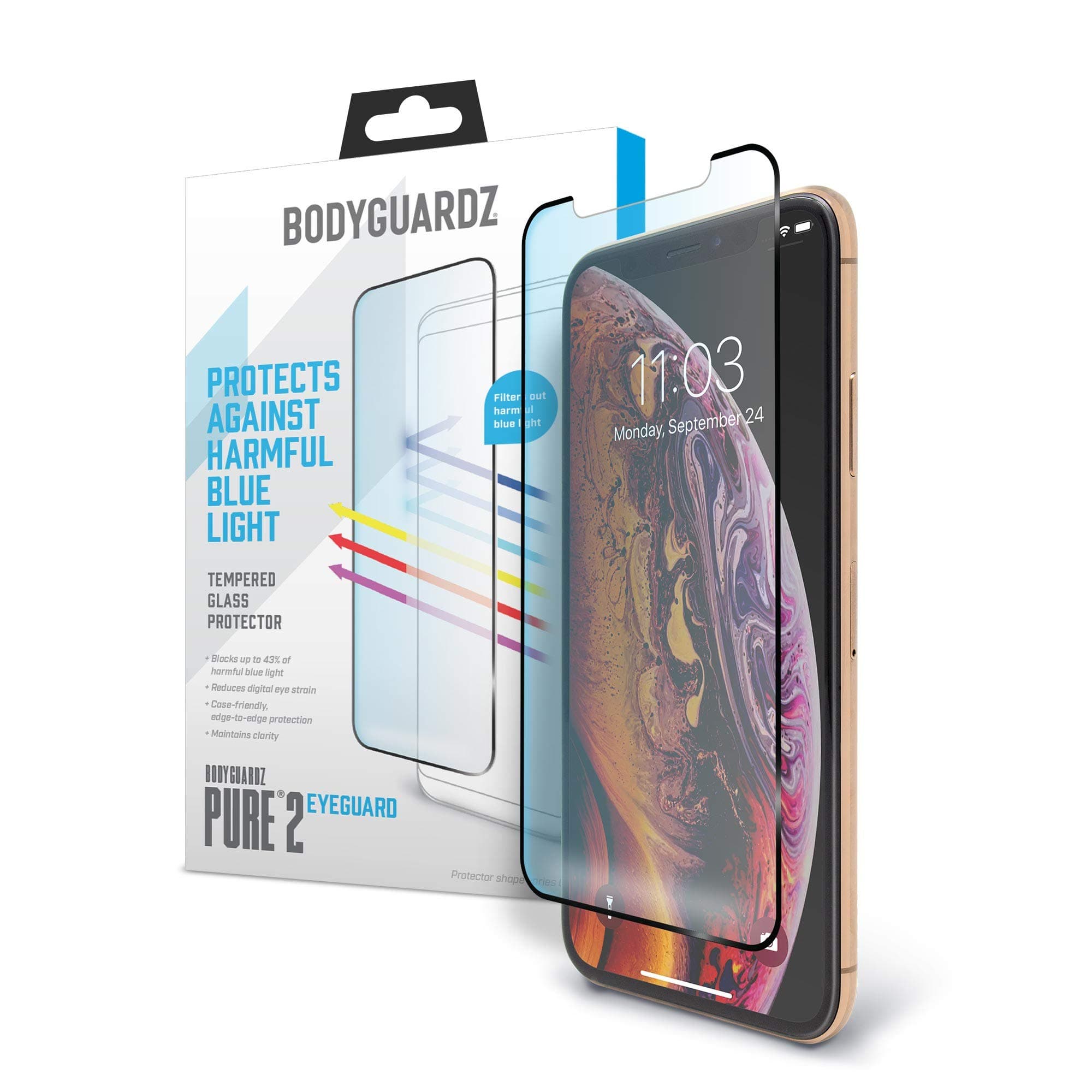 BodyGuardz - Pure 2 EyeGuard Glass Screen Protector Blue Light Edge-to-Edge Glass Protector for Apple iPhone Xs Max - CASE Friendly