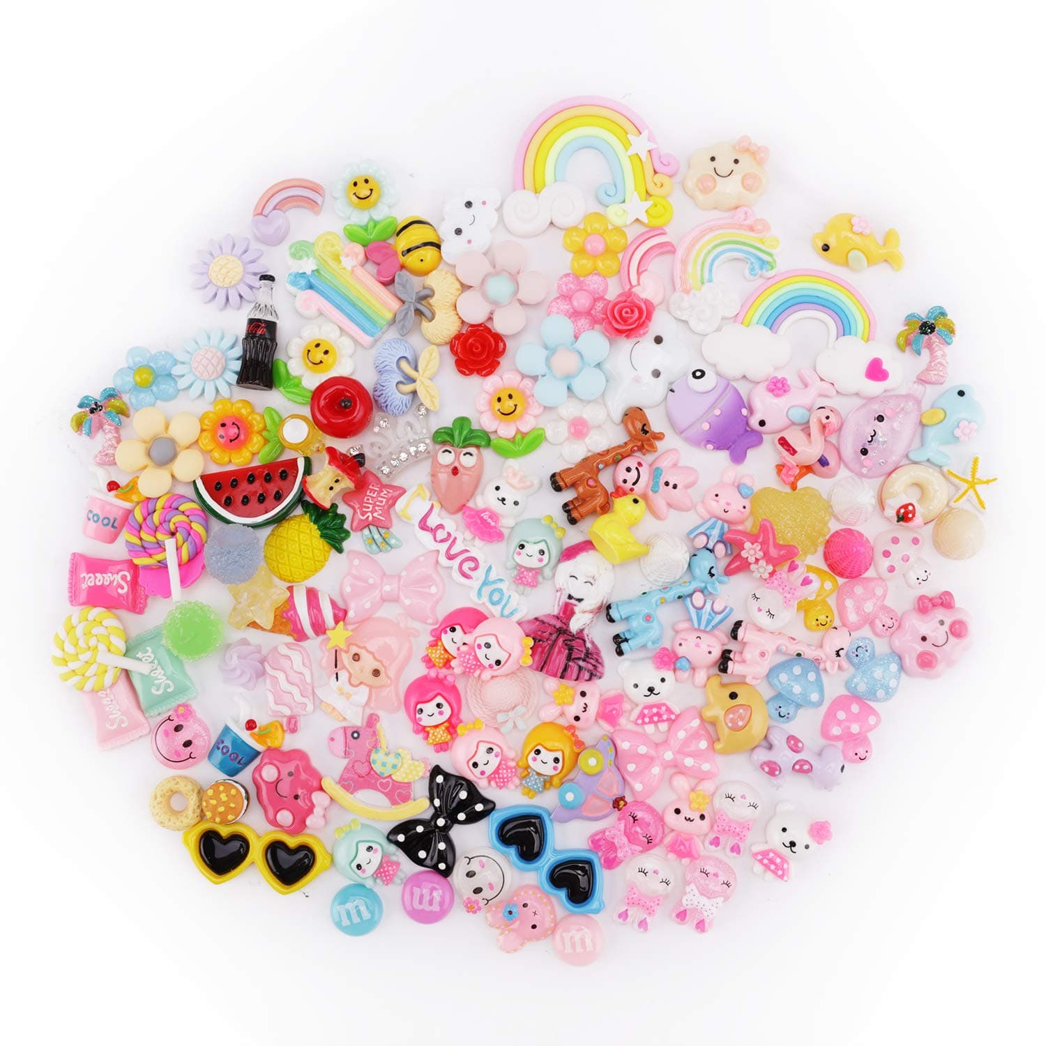 120PCS Charms Beads Set, MYCreator Charms for DIY Assorted Fruits Candy Sweets Animals Beads Flatback Resin Cabochons Art Craft Making Supplies for Kid’s Hairpin, Hair Band, Scrapbooking and Ornament