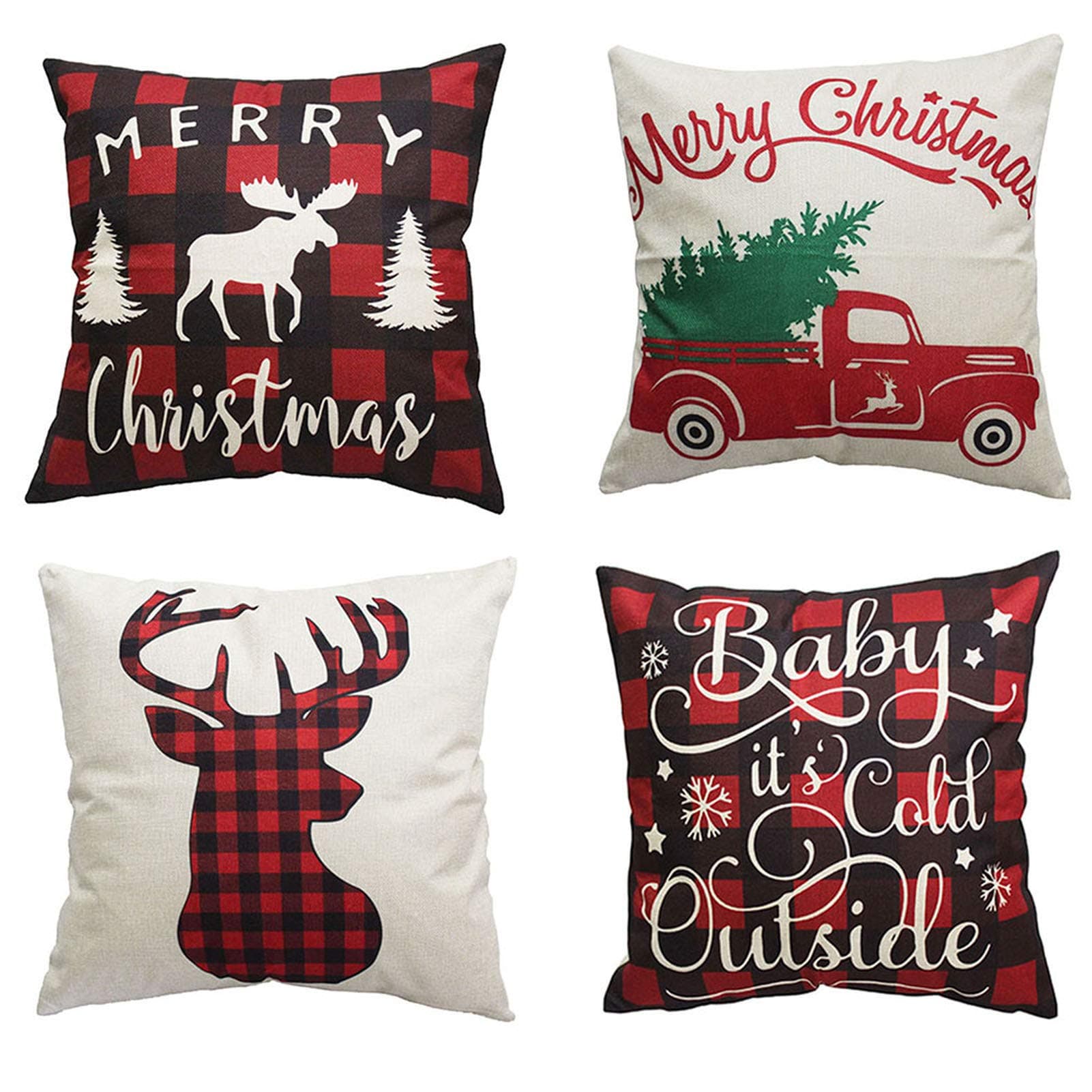 PSDWETS Christmas Pillow Covers Set of 4 Christmas Decorations Cotton Linen Winter Deer Christmas Decor Throw Pillow Covers Cushion Cover 18 X 18