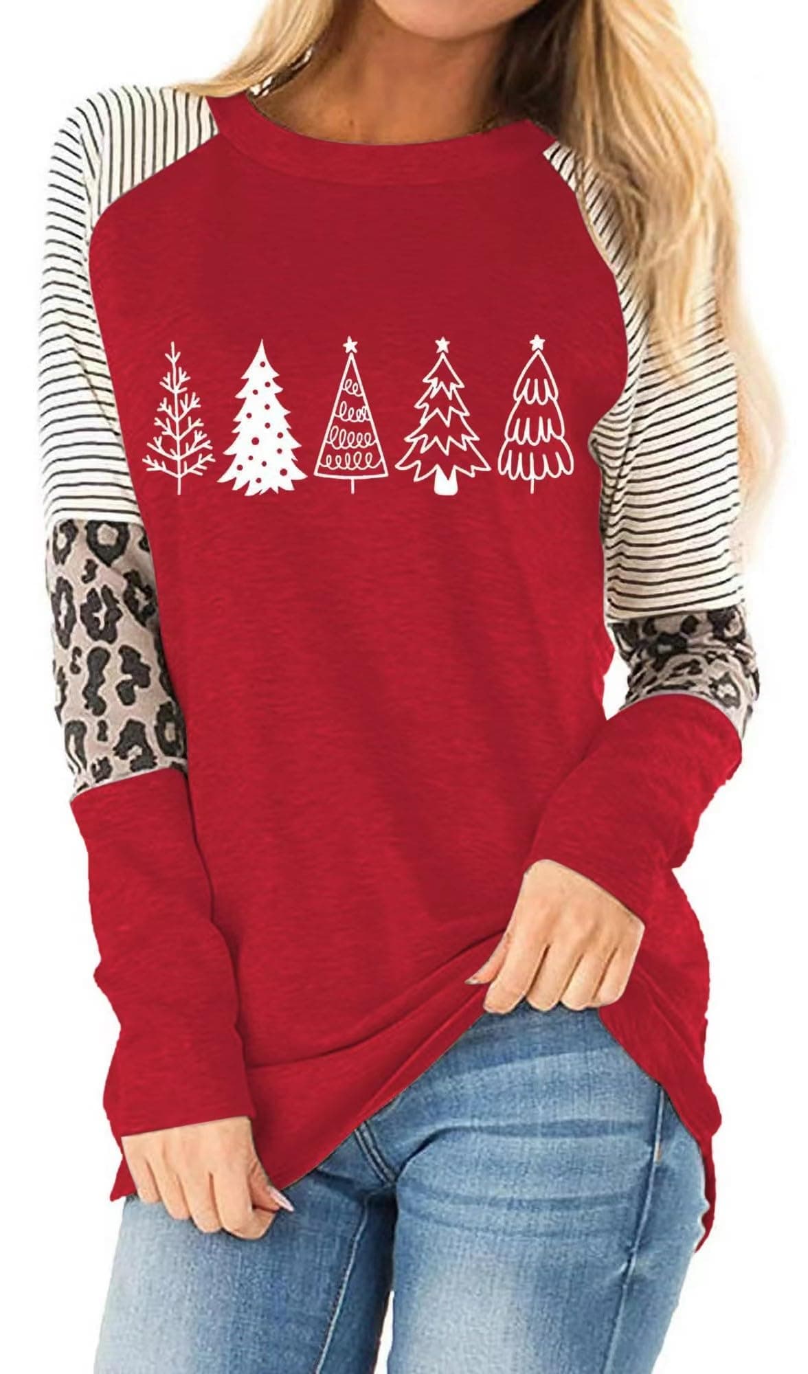 Beopjesk Christmas Shirts Women's Plaid Splicing Tshirt Holiday Long Sleeve Raglan Baseball Tops