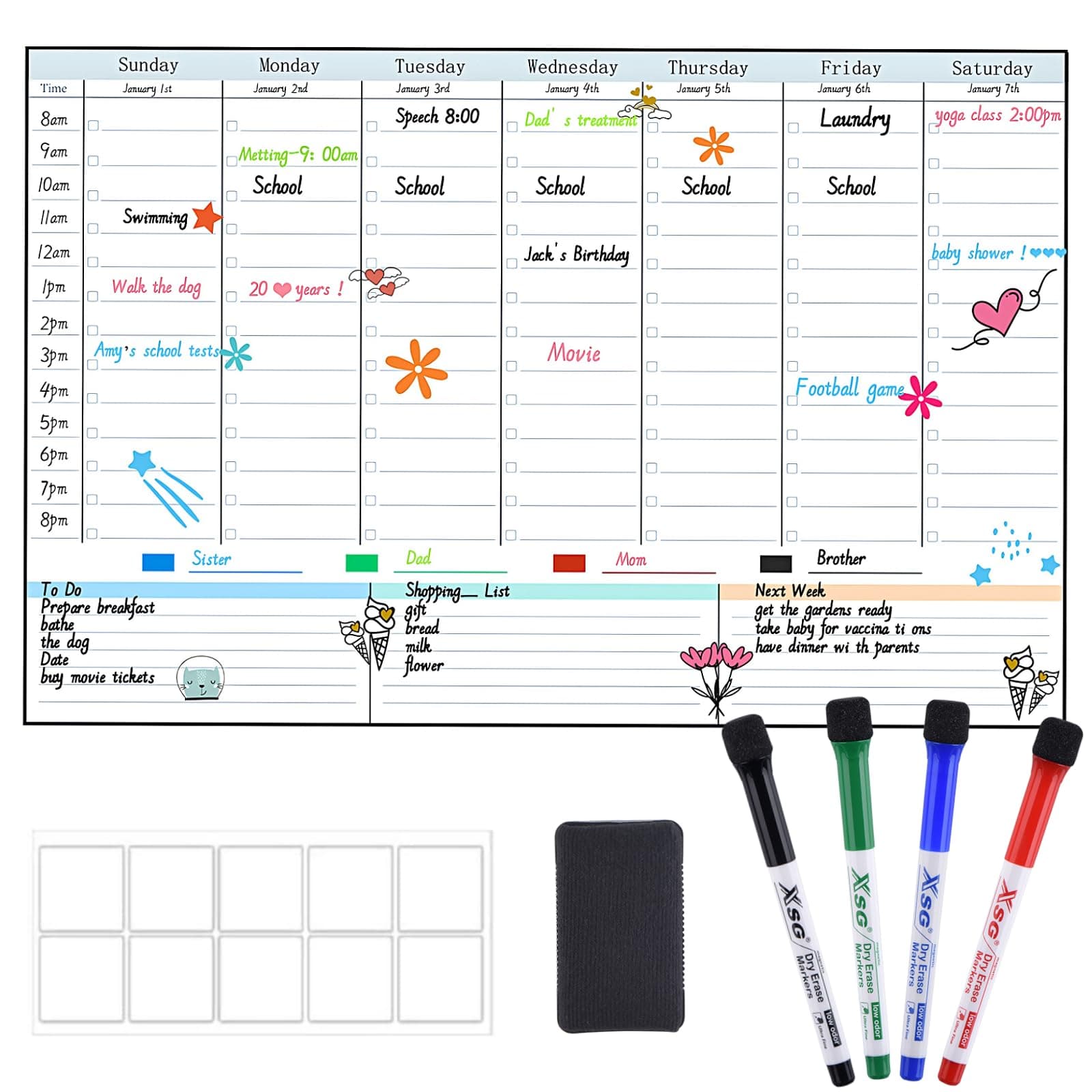 POPRUN Magnetic Weekly Dry Erase Fridge Calendar, 16.9"x11" Whiteboard Planner for Schedule, Shopping Lists, Household Chores, Ideal for Family, Office, Work and Study