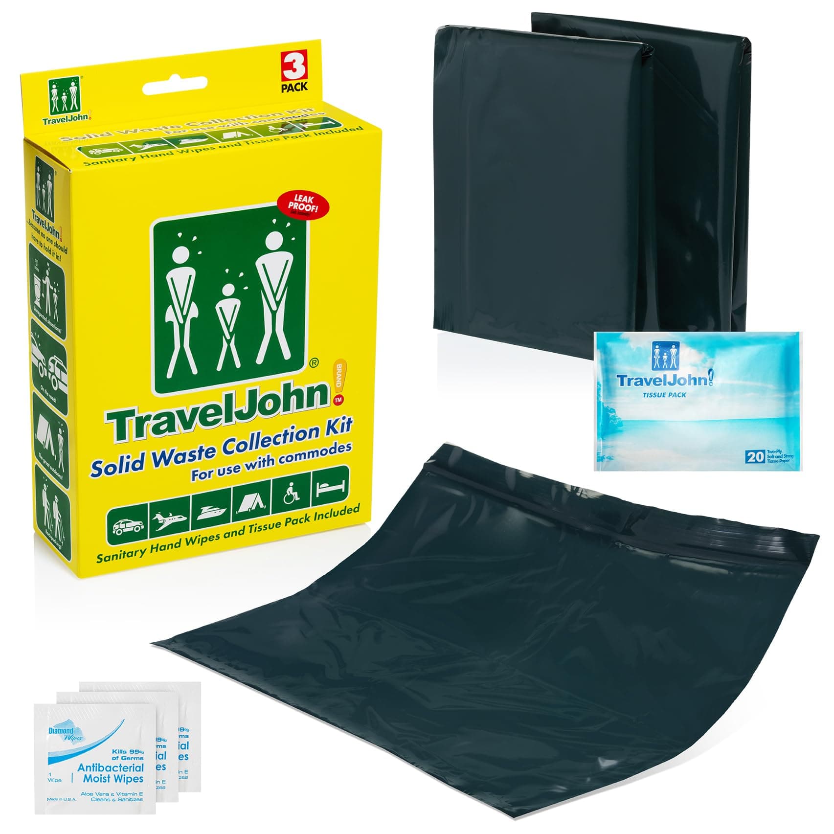 TravelJohn Portable Toilet Waste Bags - 3 Pack - Double Bag Leakproof Design - Inner Bag Gels All Liquid - Camping, Hunting, Hiking, Fishing, and More