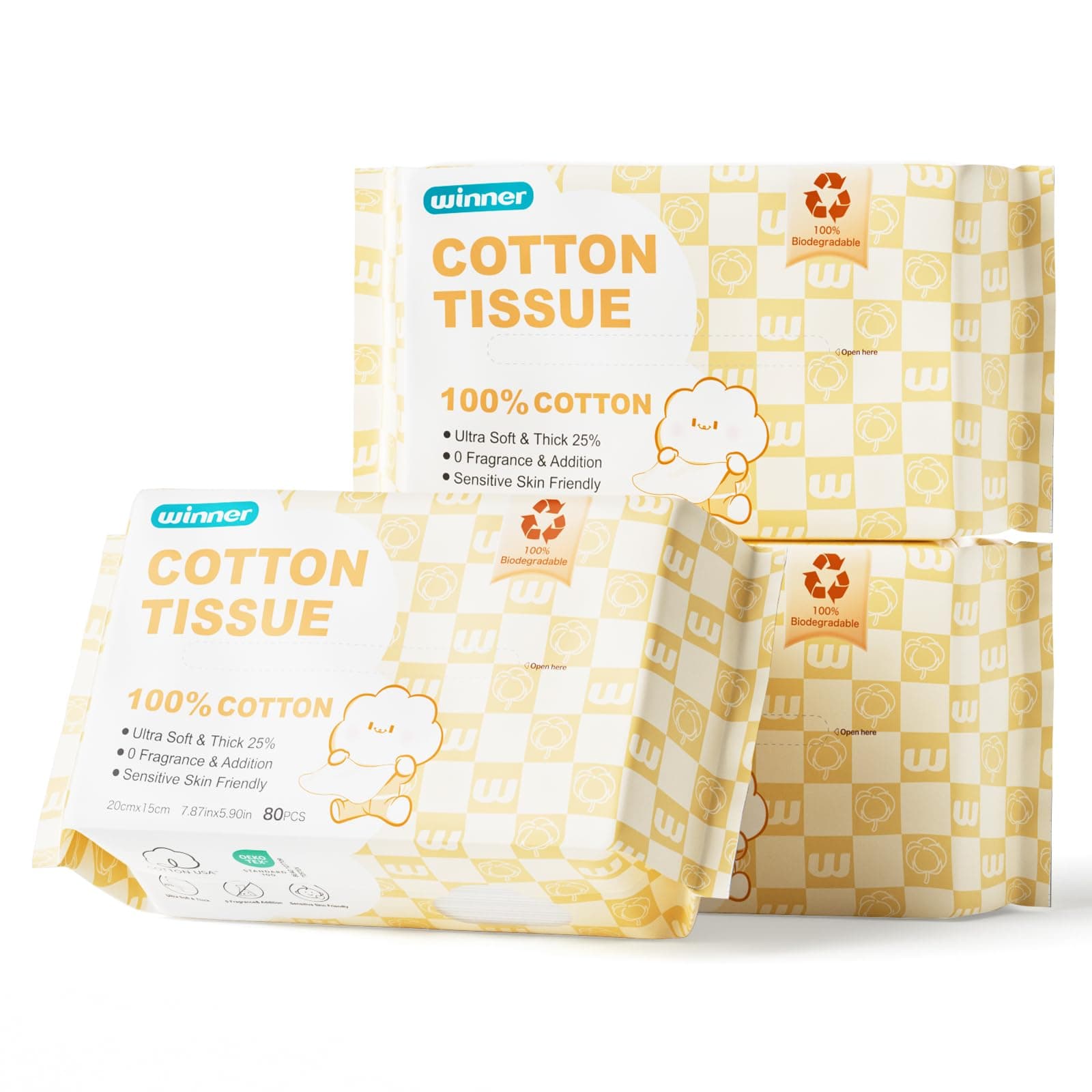 Winner 100% Cotton Dry Wipes, USDA Certified Baby Wipes, 33% Thicker & Ultra Soft, Hypoallergenic & Unscented for Baby Sensitive Skin, Wet/Dry for Diaper Changes, Meals & Cleanup, Pack of 3, 240 pcs