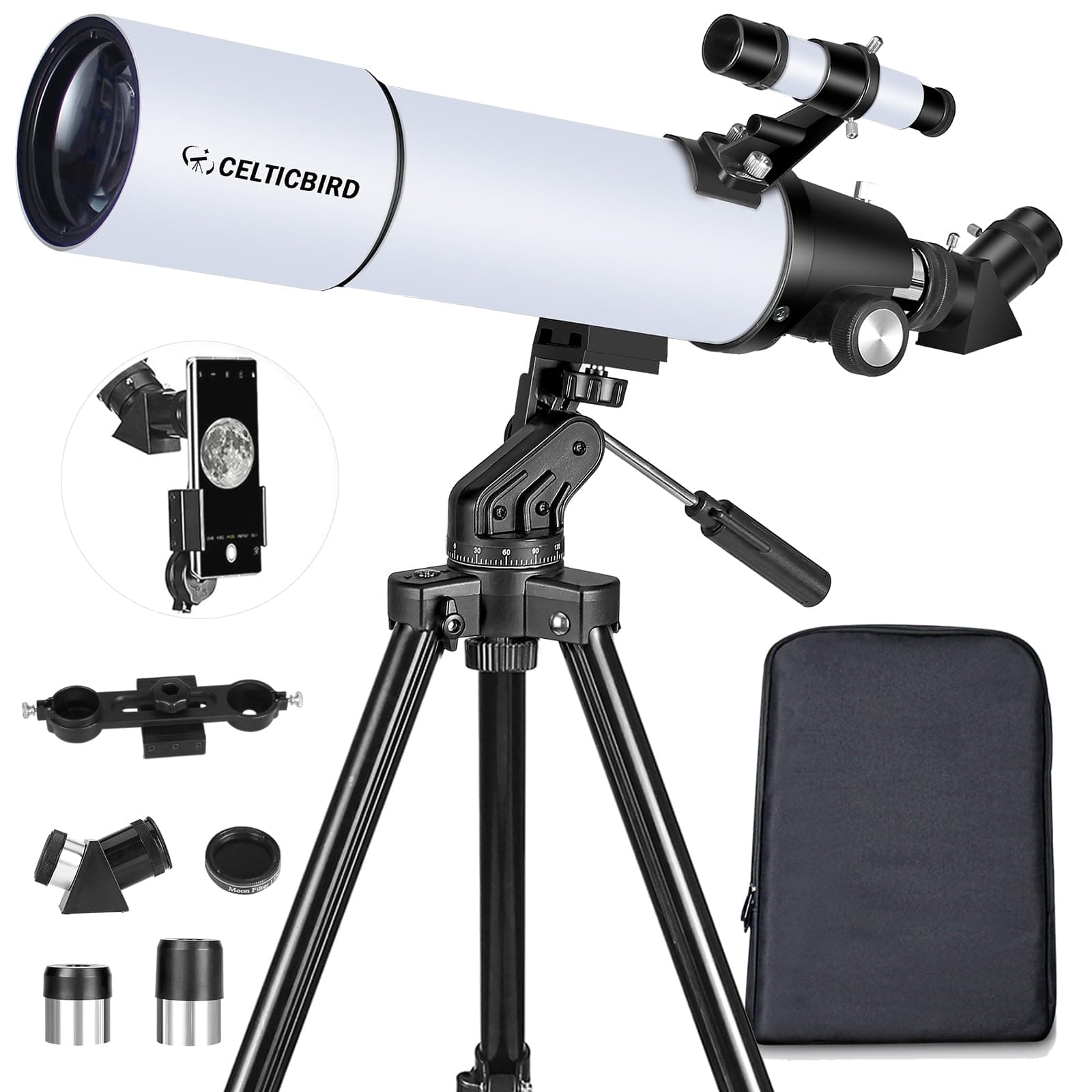 Celticbird Adult Telescope High Output 80mm 600mm Astronomy Telescope for Adults with AZ Mount, Backpack, Phone Adapter and Moon Filter for Beginners