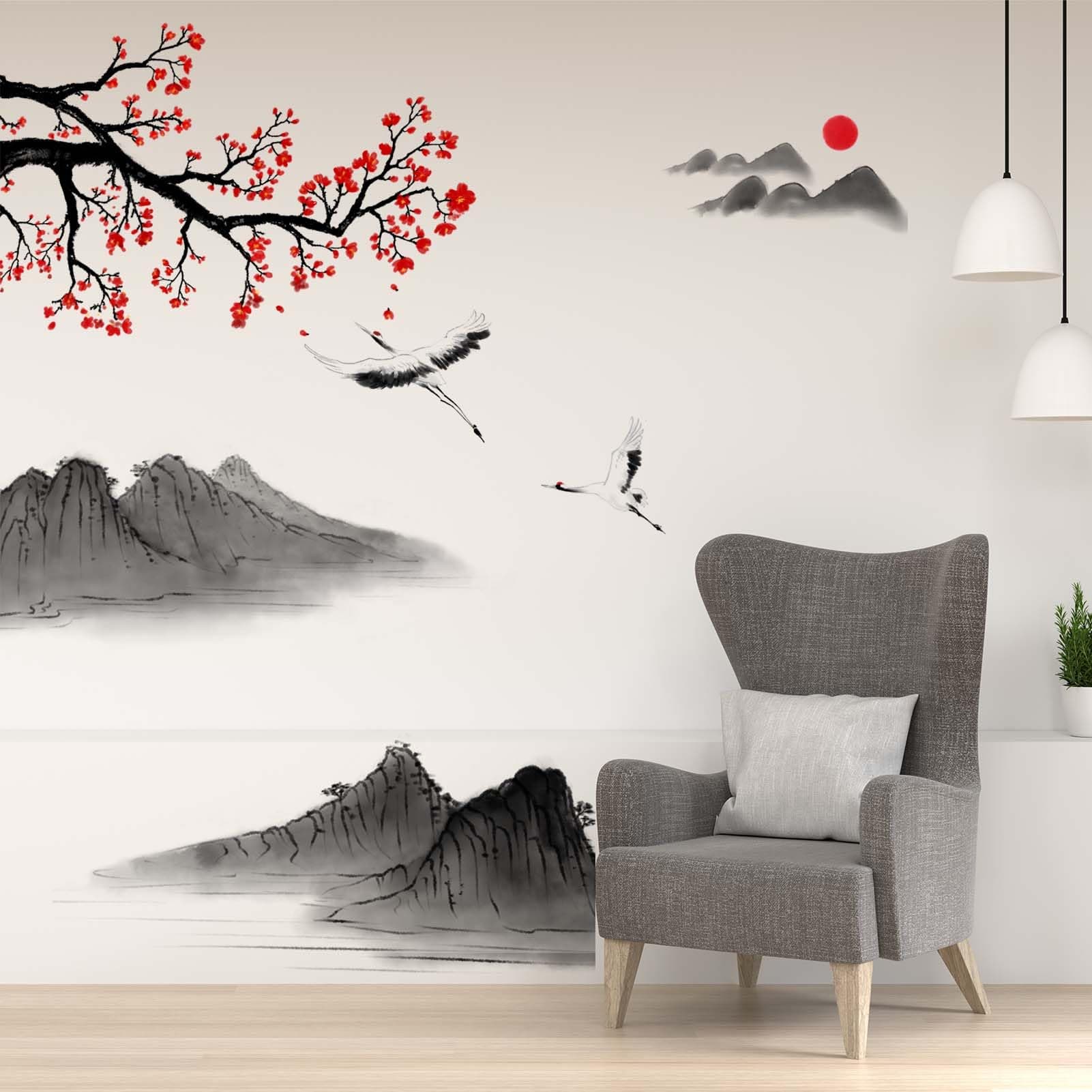 Japanese Style Landscape Painting Wall Stickers - Cherry Blossom Wall Decals - Bedroom Living Room Sofa TV Background Home Wall Décor