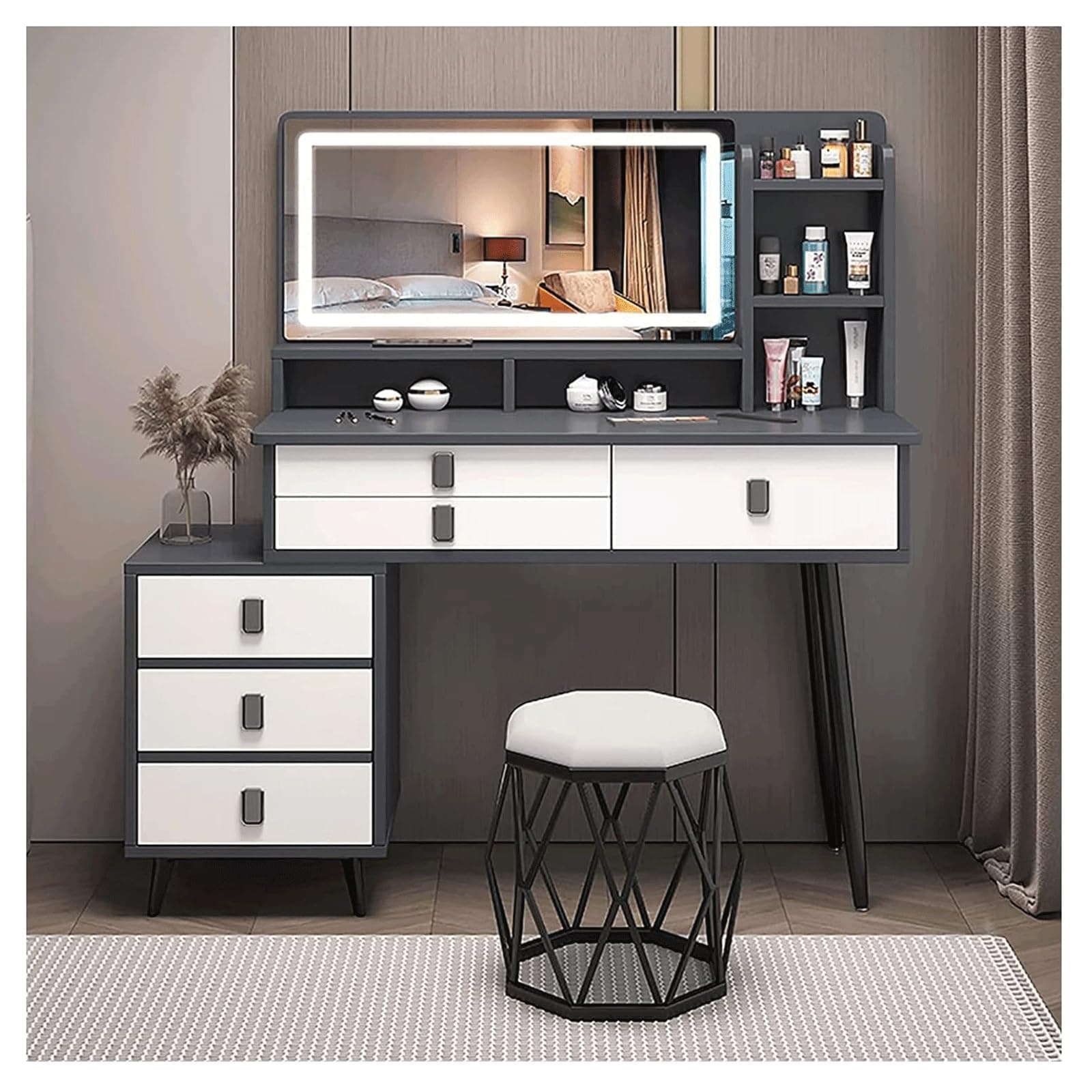 Dressing table，Table desk with 3-colour illuminated mirror, dressing table with cupboard and 3 drawers, spacious dressing table (B-stool)