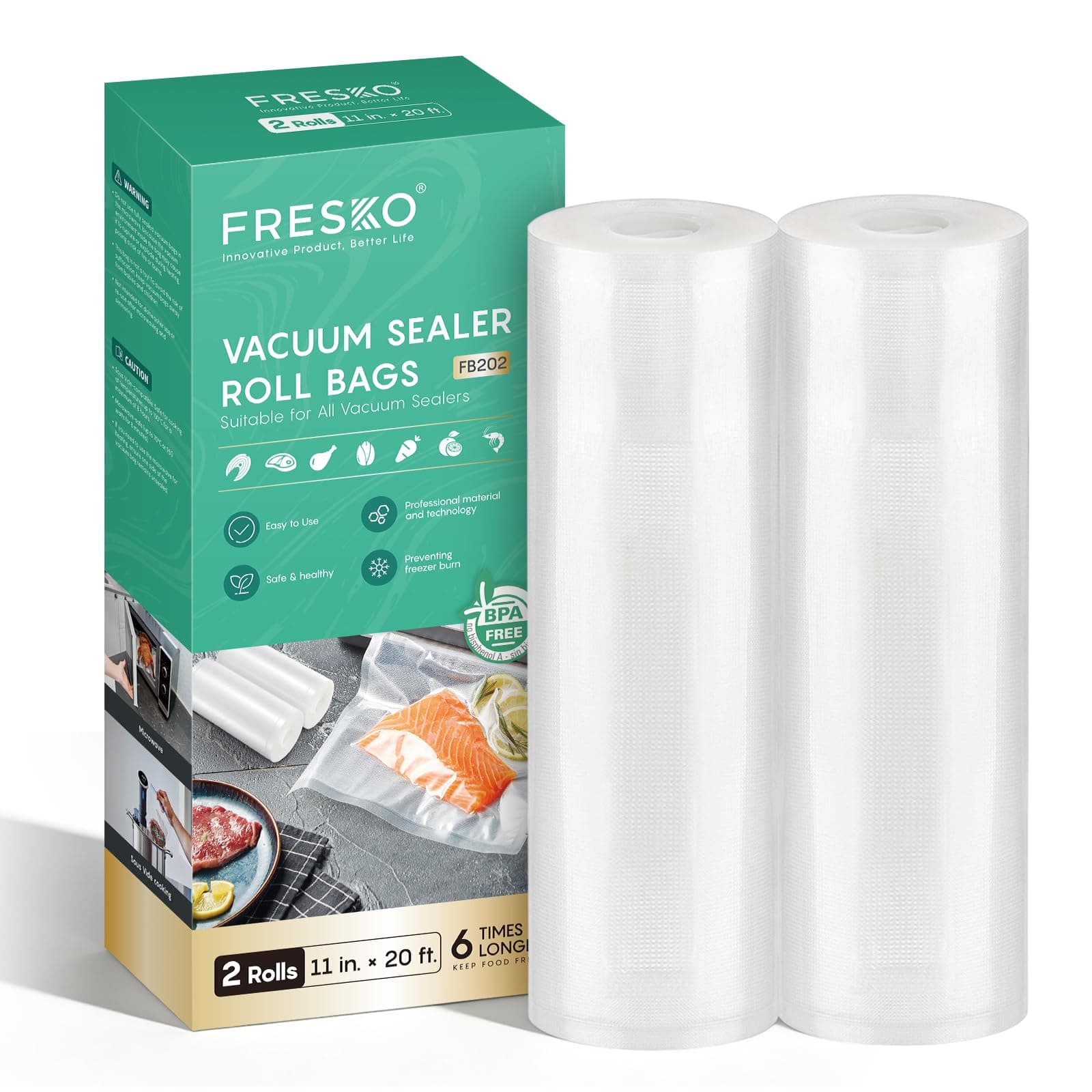 FRESKO Vacuum Sealer Bags Rolls 2 Packs 11" x 20', Commercial Grade Seal a Meal Bags for Storage Food and Sous Vide, BPA Free, Heavy Duty Customized Size Freezer Bags for Vacuum Sealer