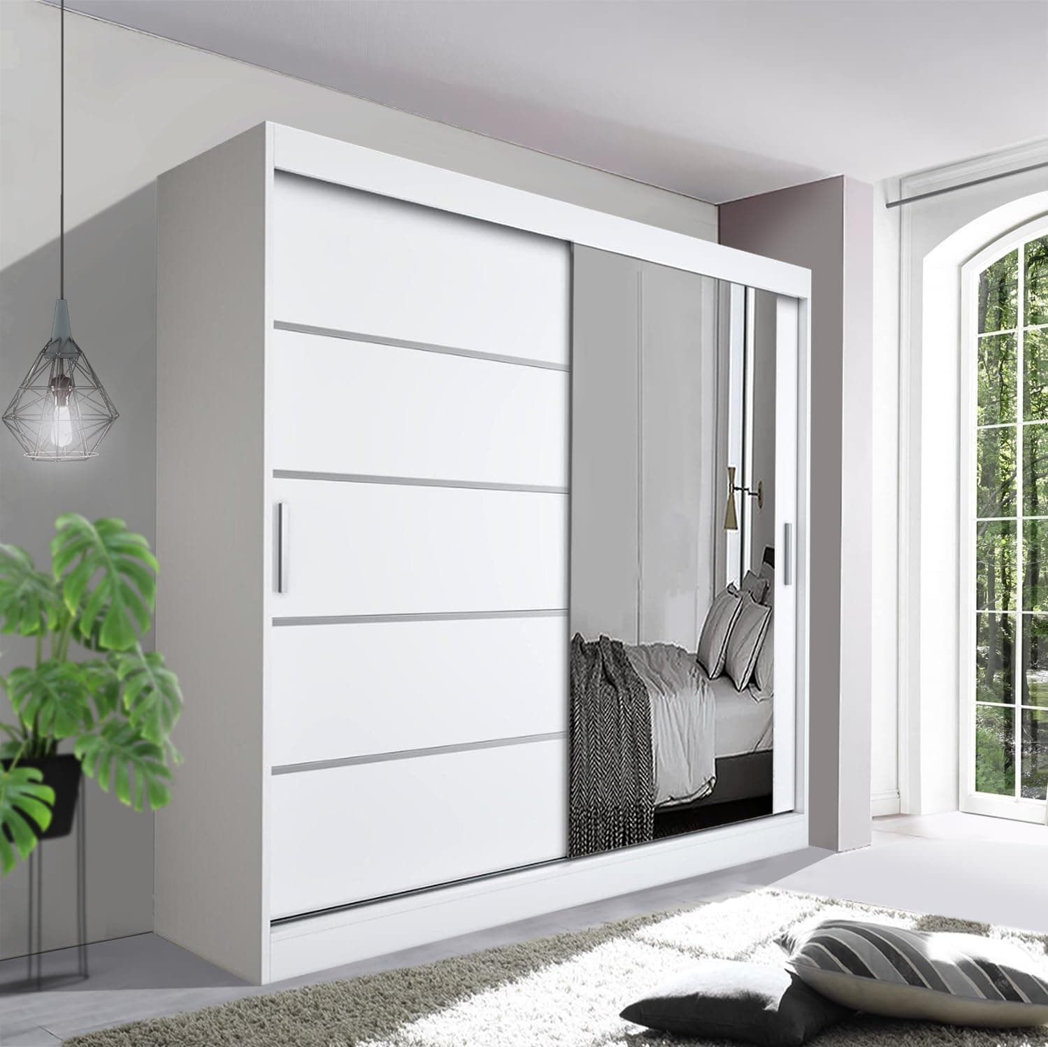 Spacious Bedroom Sliding Wardrobe - Sleek and Functional Design comes in White/Grey/Black/Oak and Width 120cm/150cm/180cm/203cm/250cm (White, 150cm)