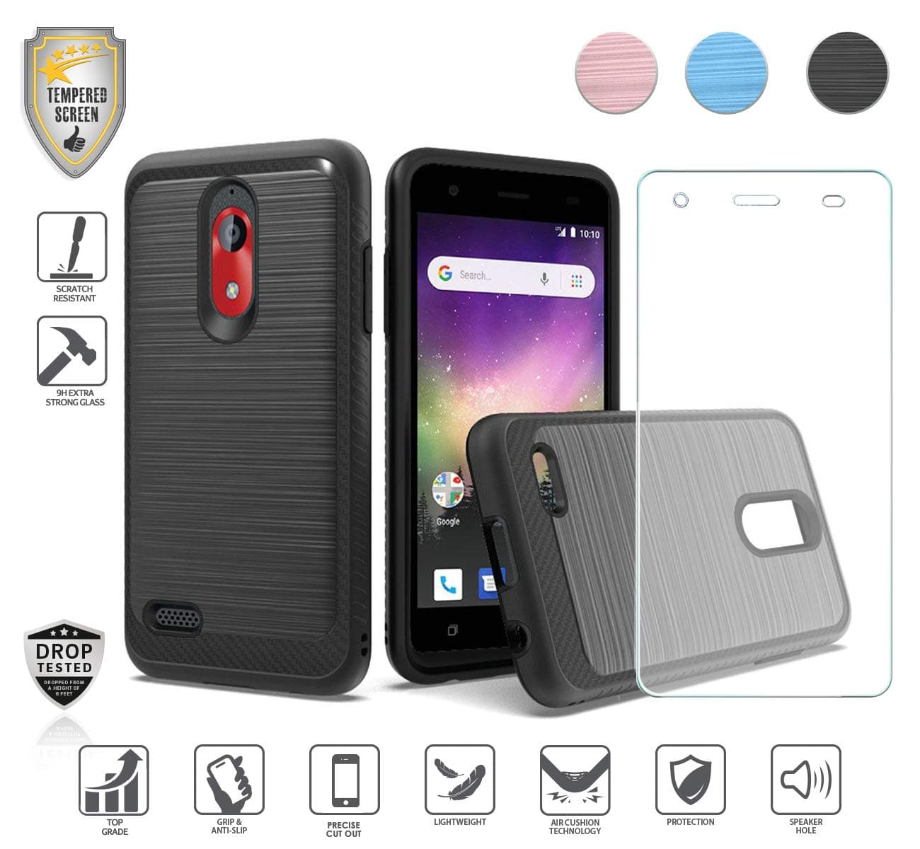 Compatible for Coolpad illumina 3110a, Legacy Go 5.0" (BoostMobile only) Case, with Tempered Glass Screen Protector, Premium Tough Armor Metallic Brushed Design Hybrid [Shockproof] Case (Black)