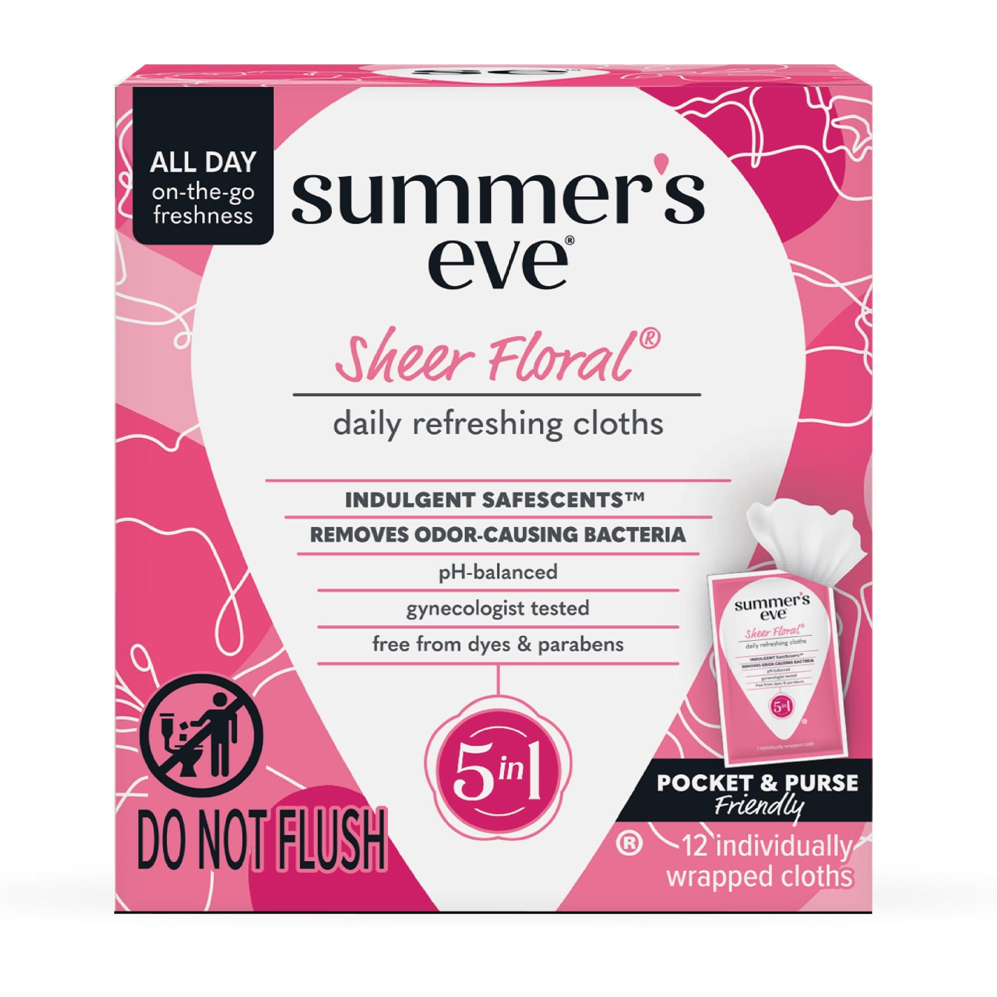 Sheer Floral Feminine Wipes, Gentle pH-Balanced Formula Helps Control Vaginal Odor, Individually Wrapped Wipes, 12 Count