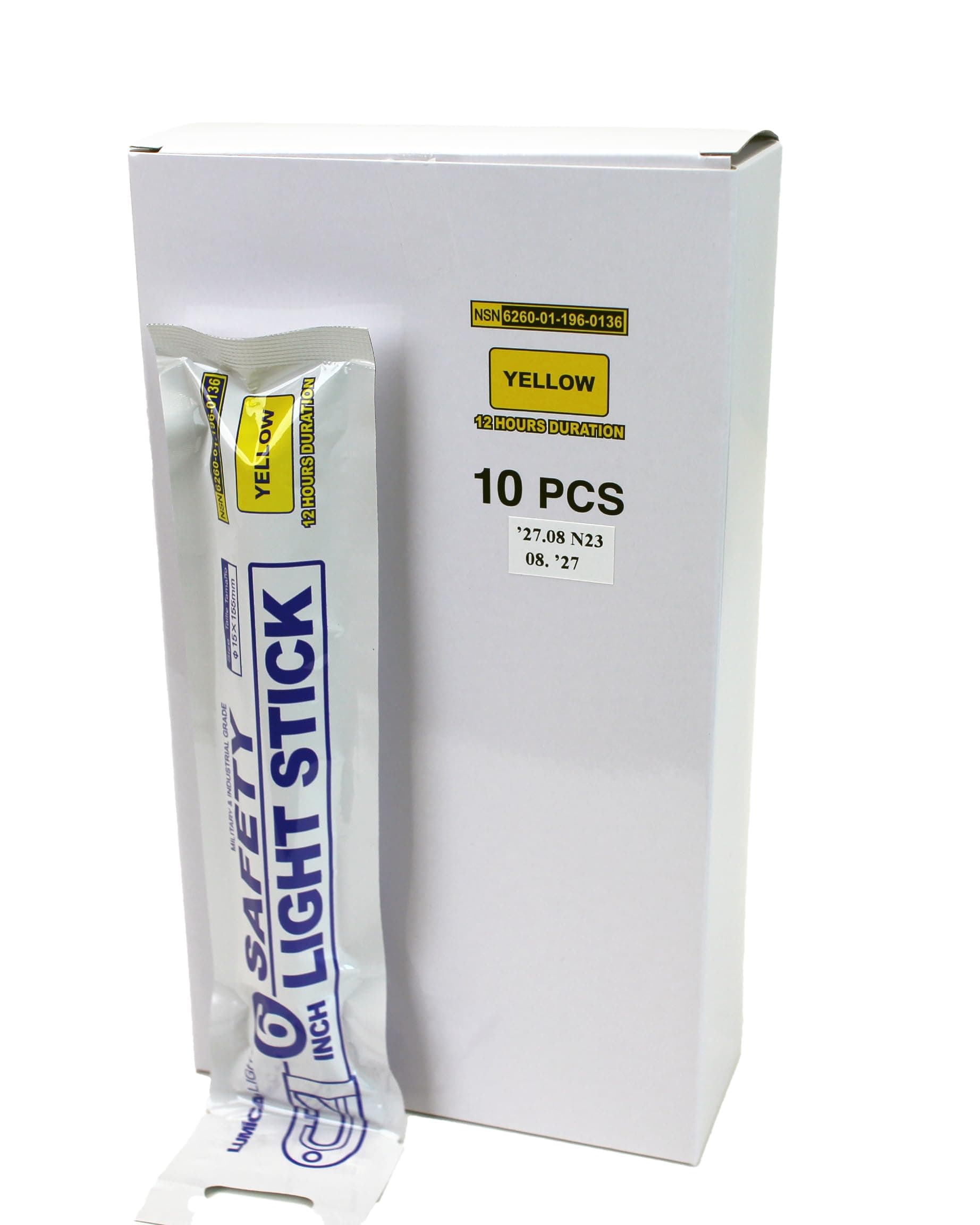 10 x 6" Military Grade Safety Light Sticks - Yellow - 12 Hour Glow