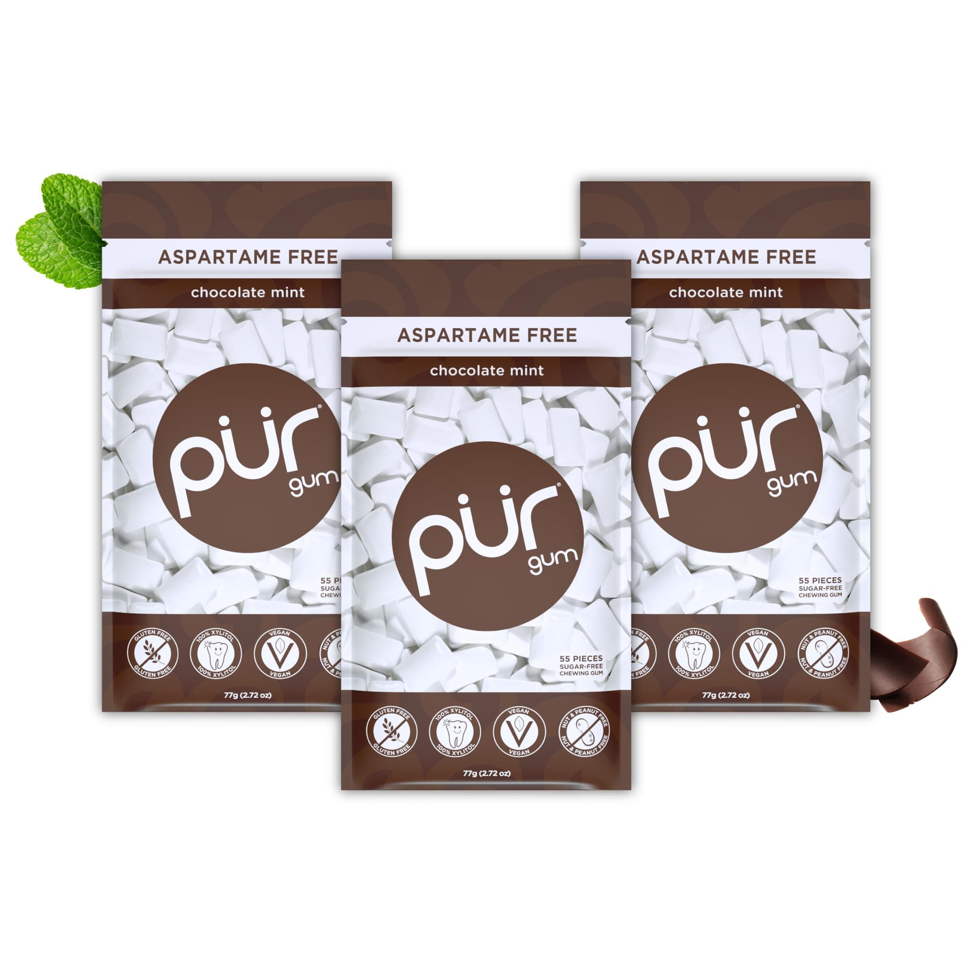 PUR Gum | Aspartame Free Chewing Gum | 100% Xylitol | Natural Chocolate Mint Flavored Gum, 55 Pieces (Pack of 3)