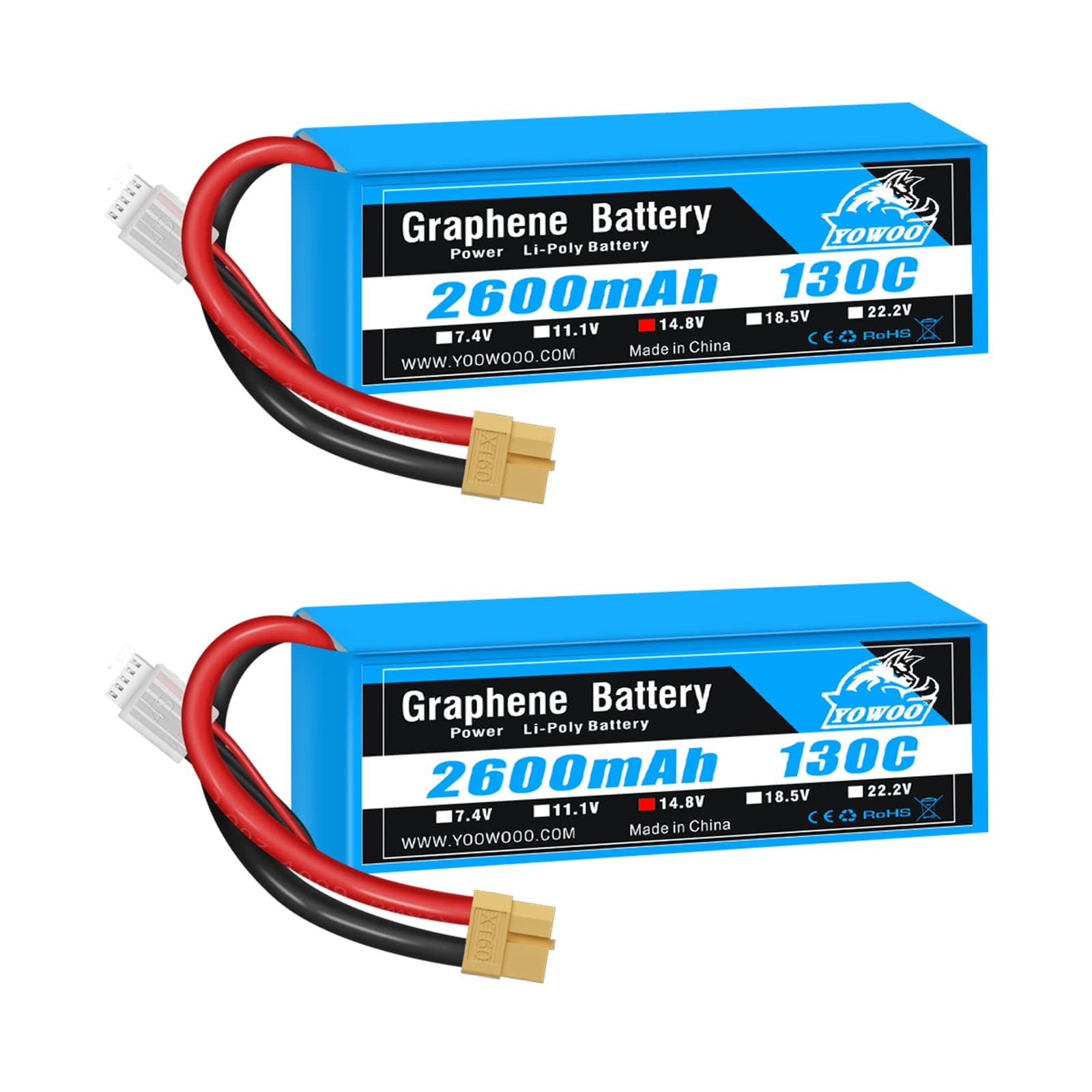 2 Pack LiPo Battery 14.8V 2600mAh 130C 4S Graphene Battery with XT60 Plug for RC Evader BX Car Truck Truggy RC Airplane Helicopter Quadcopter UAV Drone FPV Racing Vehicle Boat