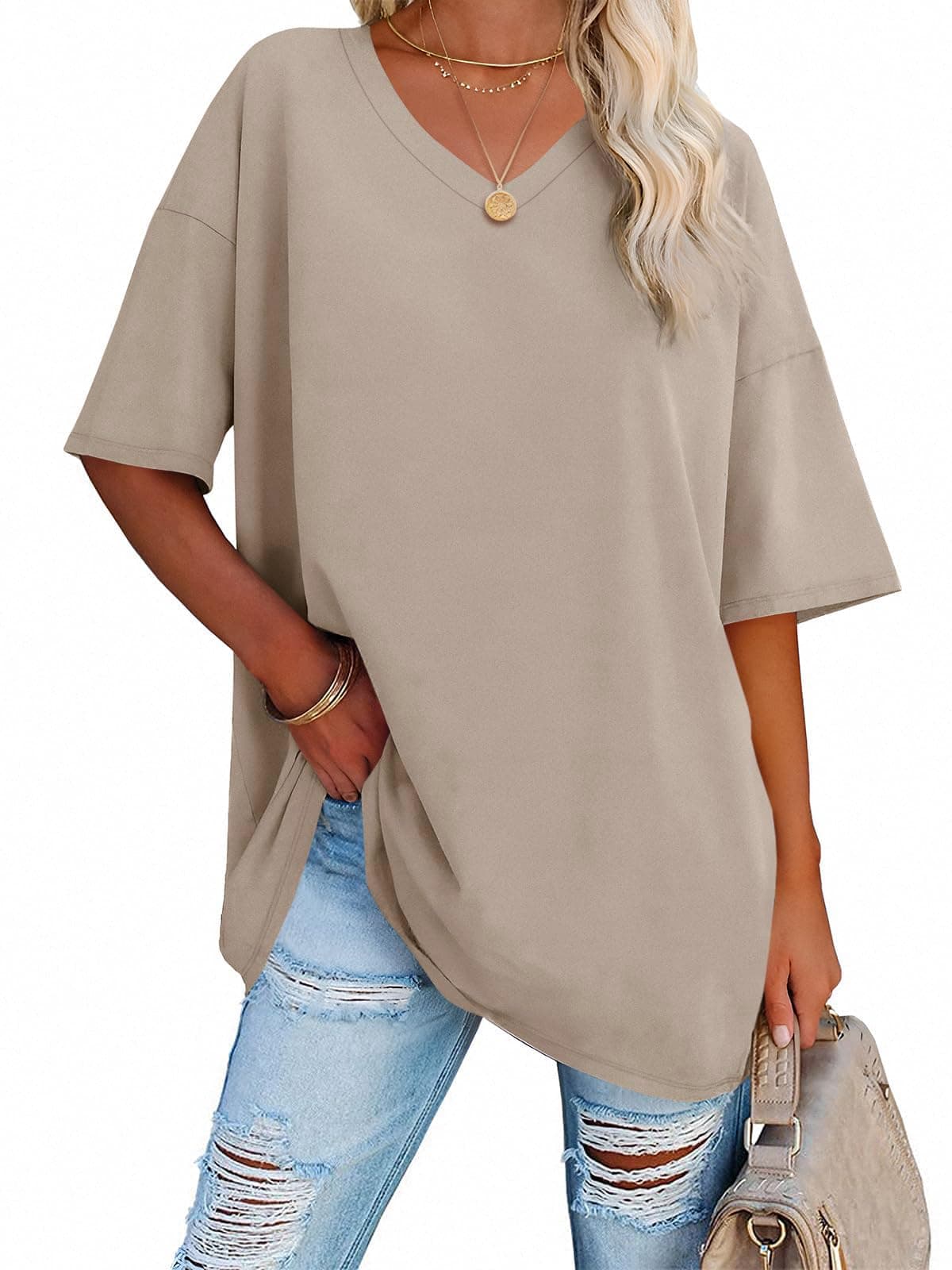 Womens Oversized Tshirts V Neck Tee Shirts Half Sleeve Loose Fit T Shirt Cotton Tunic Tops 2025