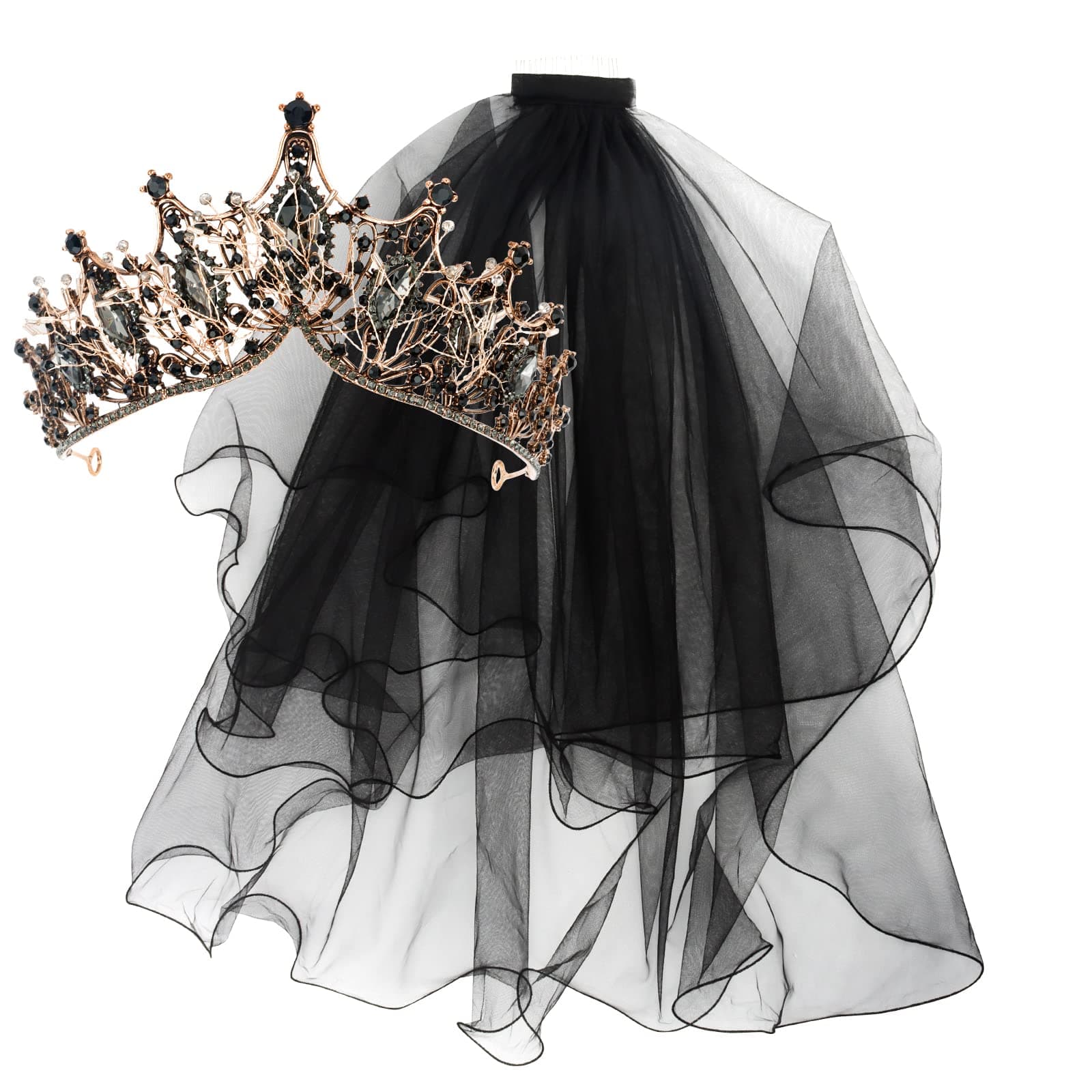 CUBACOBlack Veil Brides Crystal Prom Queen Tiara - Gothic Halloween Cosplay Accessory for Women's Birthday Parties & Bachelorette Decorations