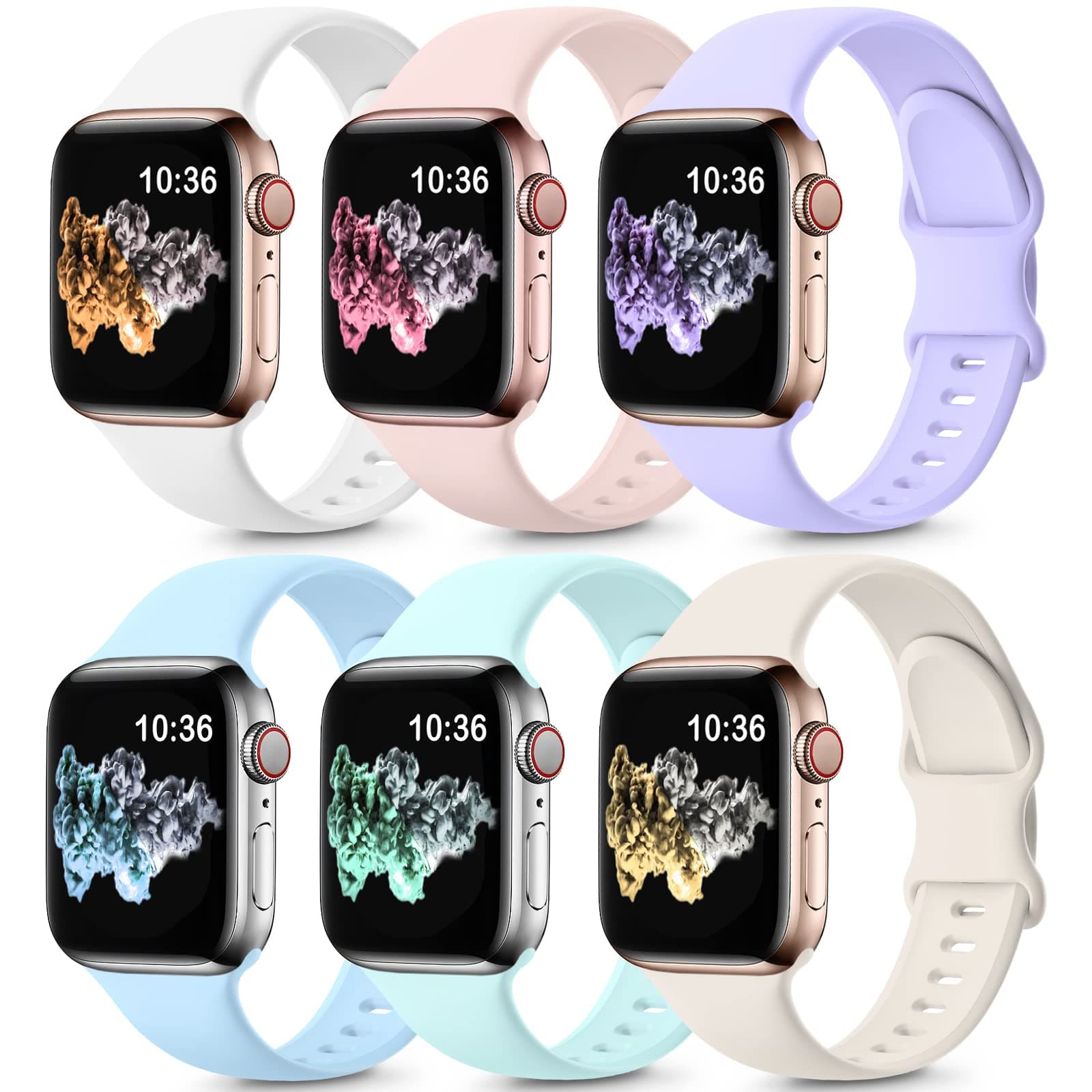 6 Pack Sport Bands Compatible with Apple Watch Bands 10 40mm 38mm 41mm 42mm 44mm 45mm 46mm 49mm,Soft Silicone Waterproof Strap for iWatch Ultra2 Series 9 Ultra 8 7 6 5 4 3 2 1 SE Women Men