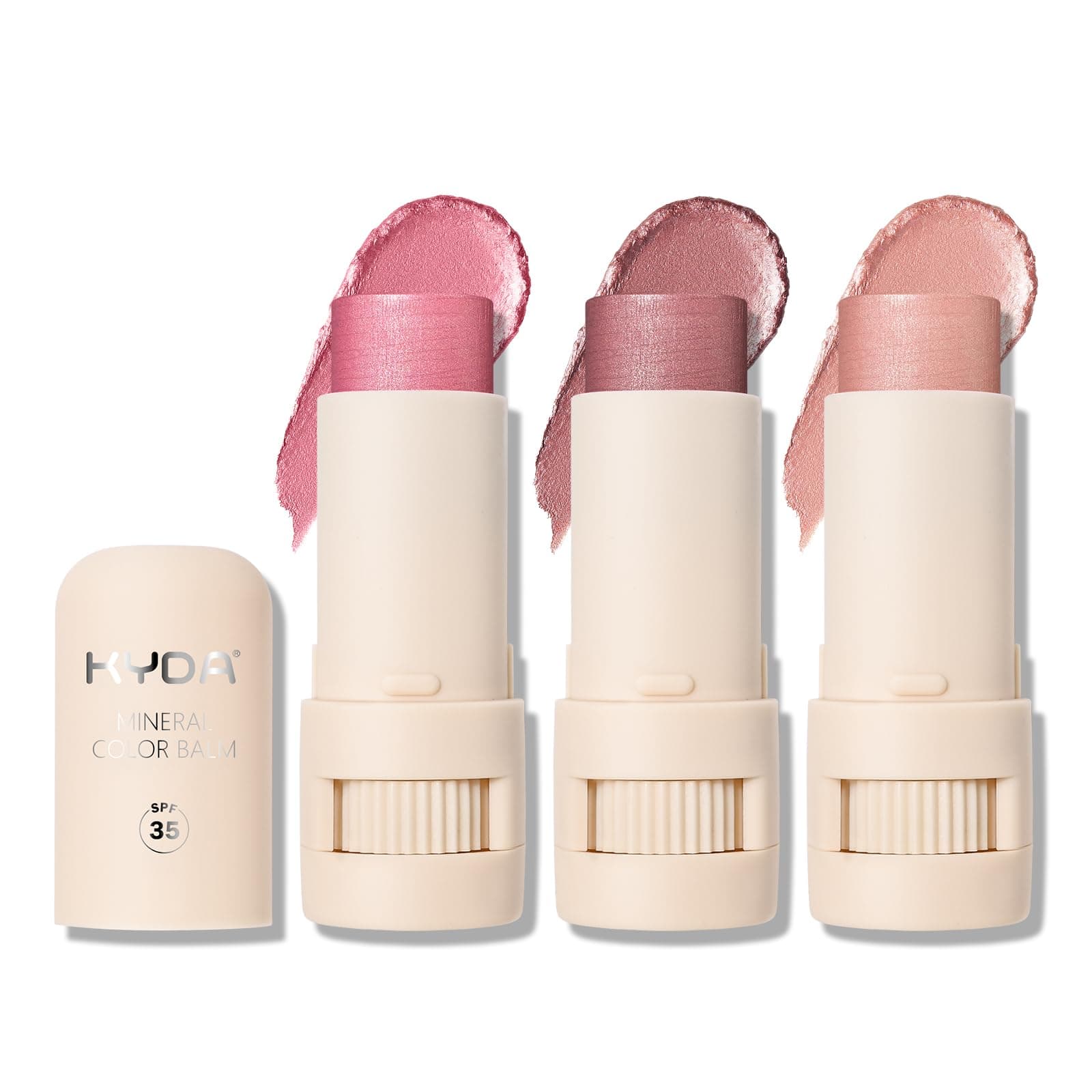 KYDA 3 Colors Mineral Color Balm, SPF 35, Buildable Shimmer Color for Lip and Cheek, Shimmer Cream Blush Stick, Lightweight Blendable, Multiuse Makeup Balm, PINK+ROSE+BLUSH