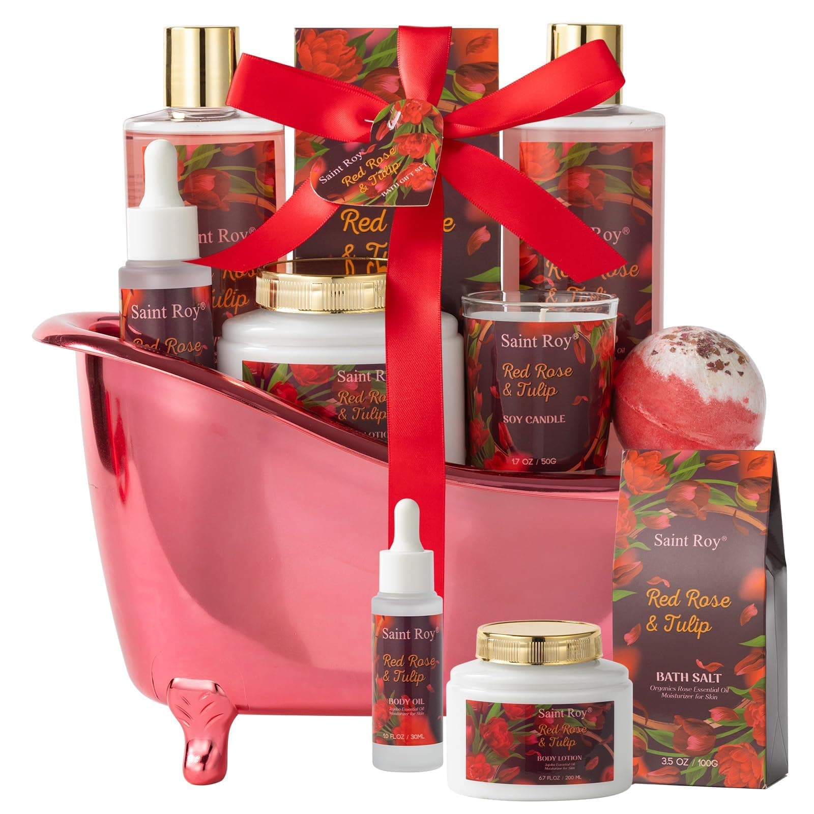 Mother's Day Gifts for Women, spa kit Gifts for Her Mother's Day Bath Spa Gift Set Red Rose & Tulip Spa Basket Kits for Women, Contains Body Oil, Body Lotion, Salt, Self care baskets Mother Gift