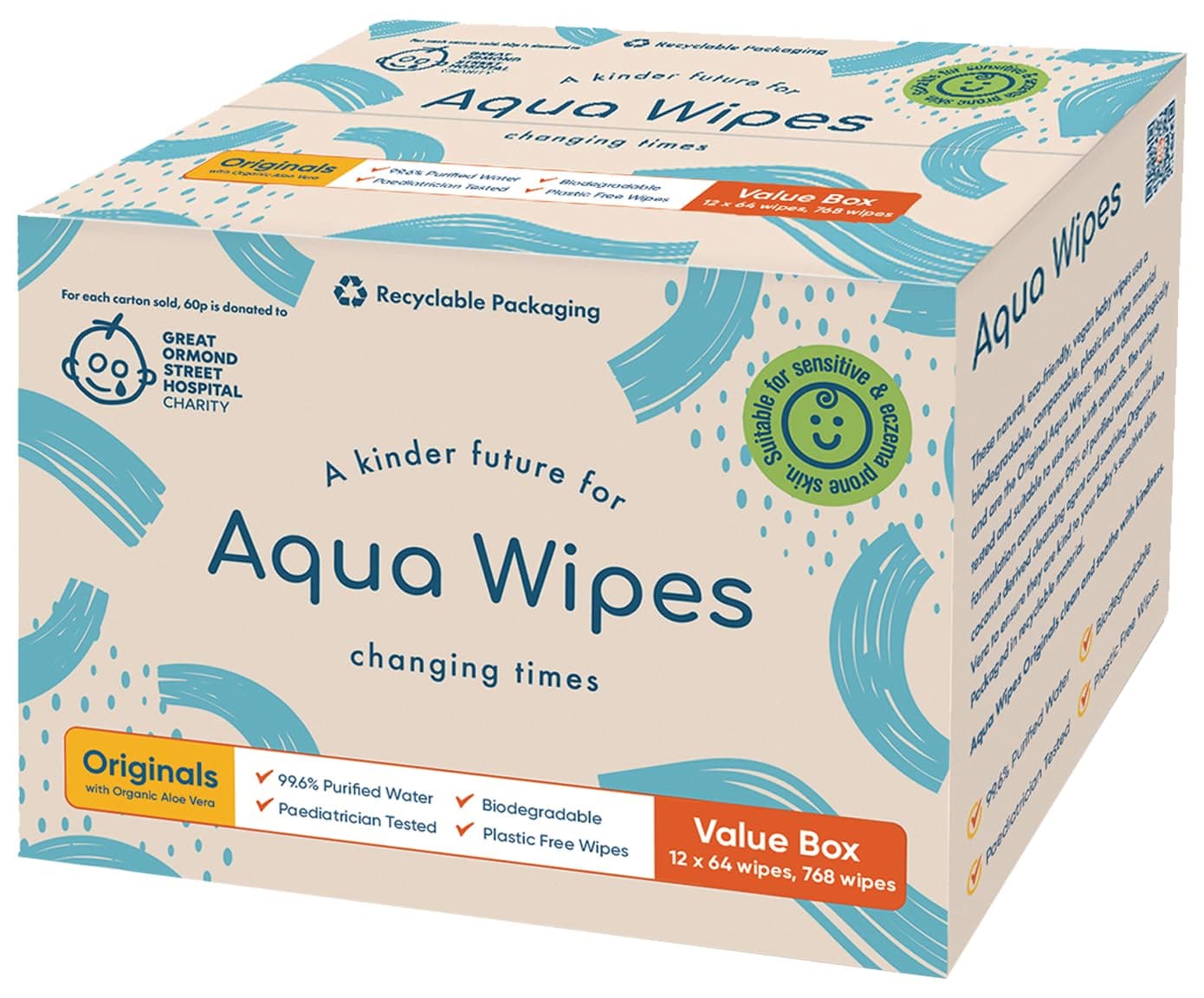 Aqua Wipes Baby Wipes, Printed Carton, 100% Biodegradable, Plastic Free Wipes, 99.6% Purified Water, Newborn Wipes, Vegan, Paraben Free, Perfume Free, NHS Approved 12 x 64 Wipe Packs (768 wipes)
