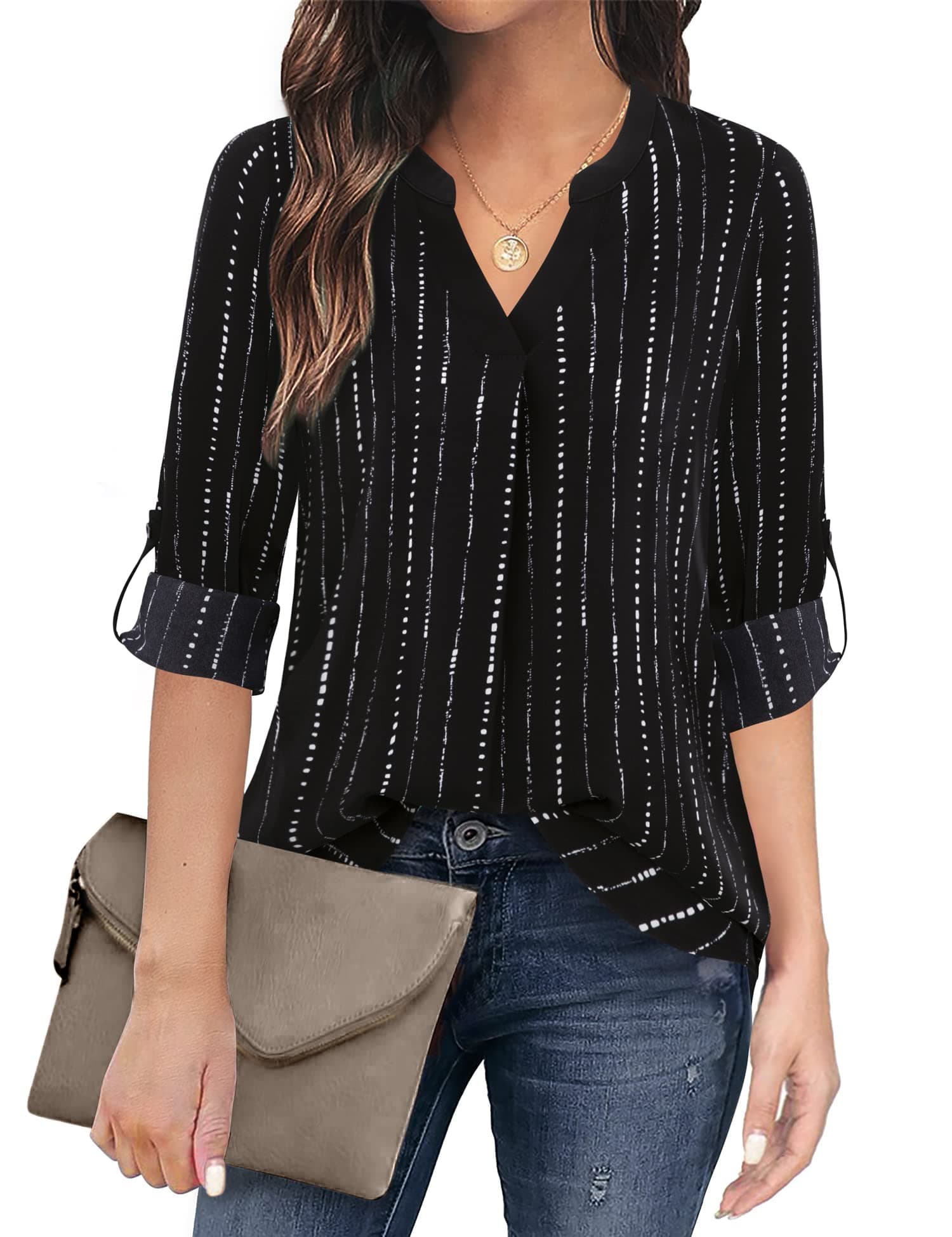 Timeson Women's Casual Chiffon V Neck 3/4 Sleeve Blouse Tops