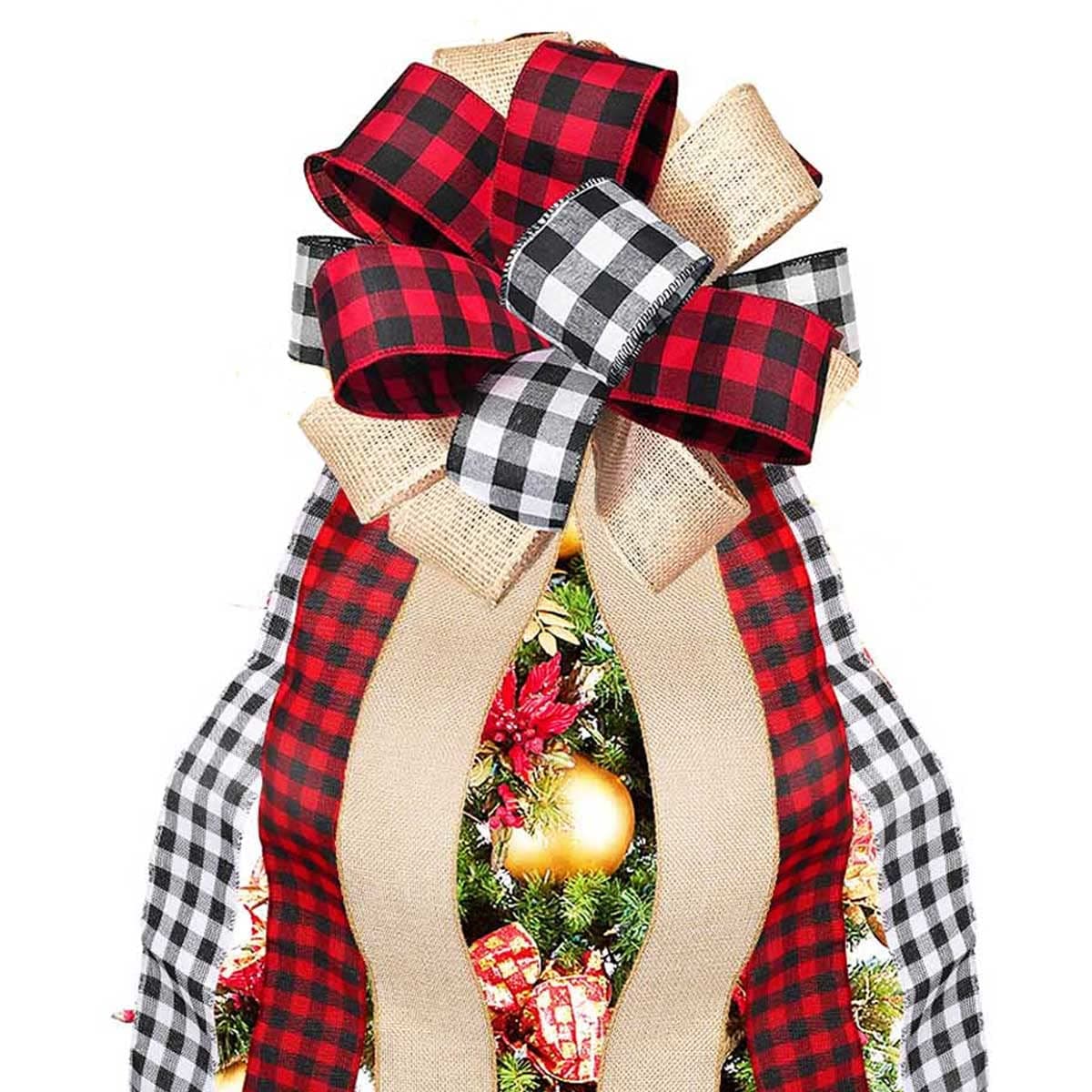 LilyBox Christmas Tree Topper Handmade Large Long Christmas Tree Ornament Red Buffalo Plaid Burlap Decorative Bow Gift Wreath Bows Decoration (Red Buffalo Plaid)