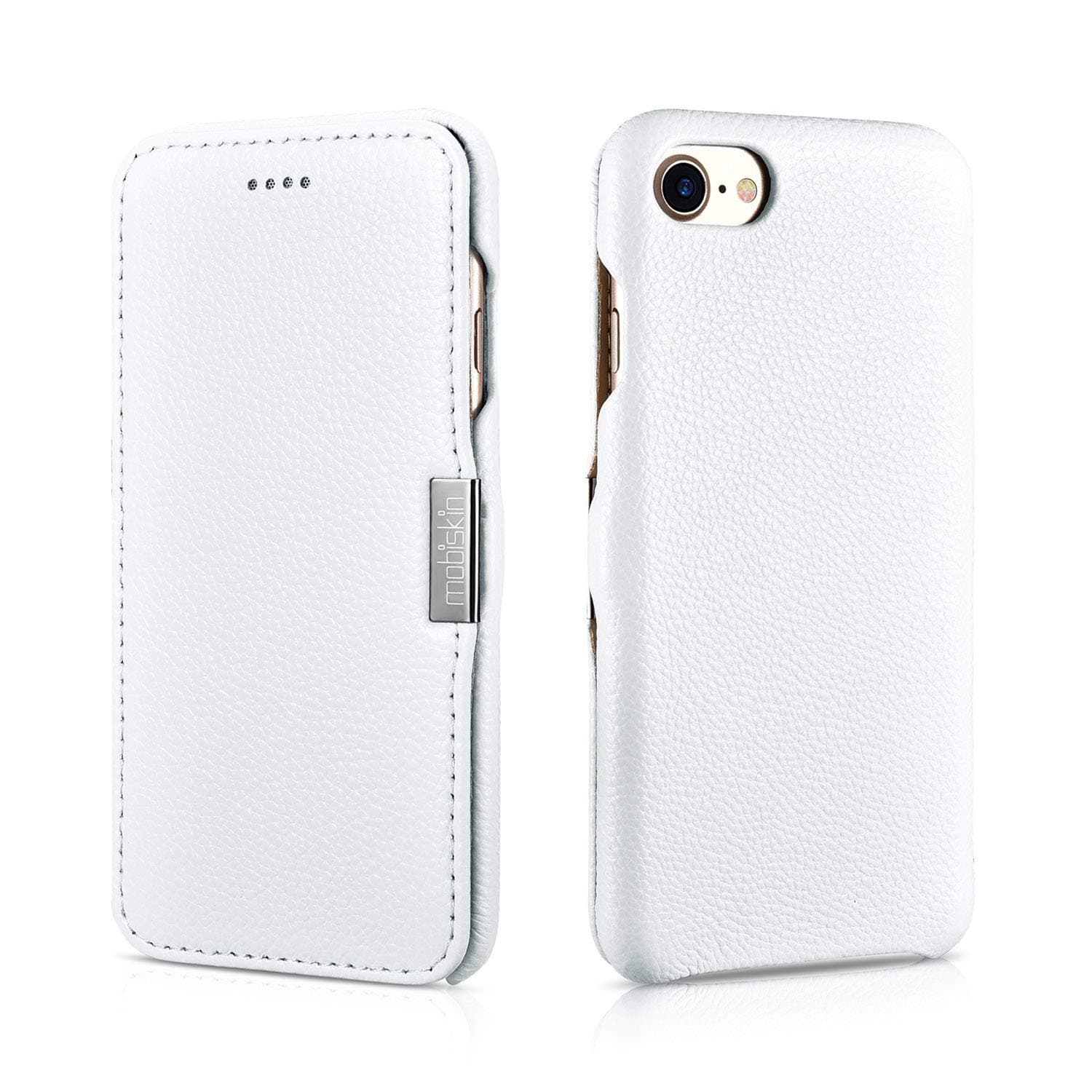 Mobiskincase compatible with Apple iPhone SE 2022 5G, iPhone SE 2020, iPhone 8, iPhone 7, cover with genuine leather, book-style protective phone case, ultra-slim folio, thin wallet, white