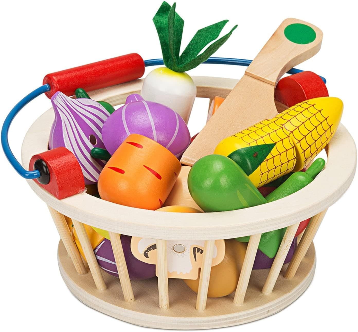 Victostar Magnetic Wooden Cutting Fruits Vegetables Food Play Toy Set with Basket for Kids (Vegetables)