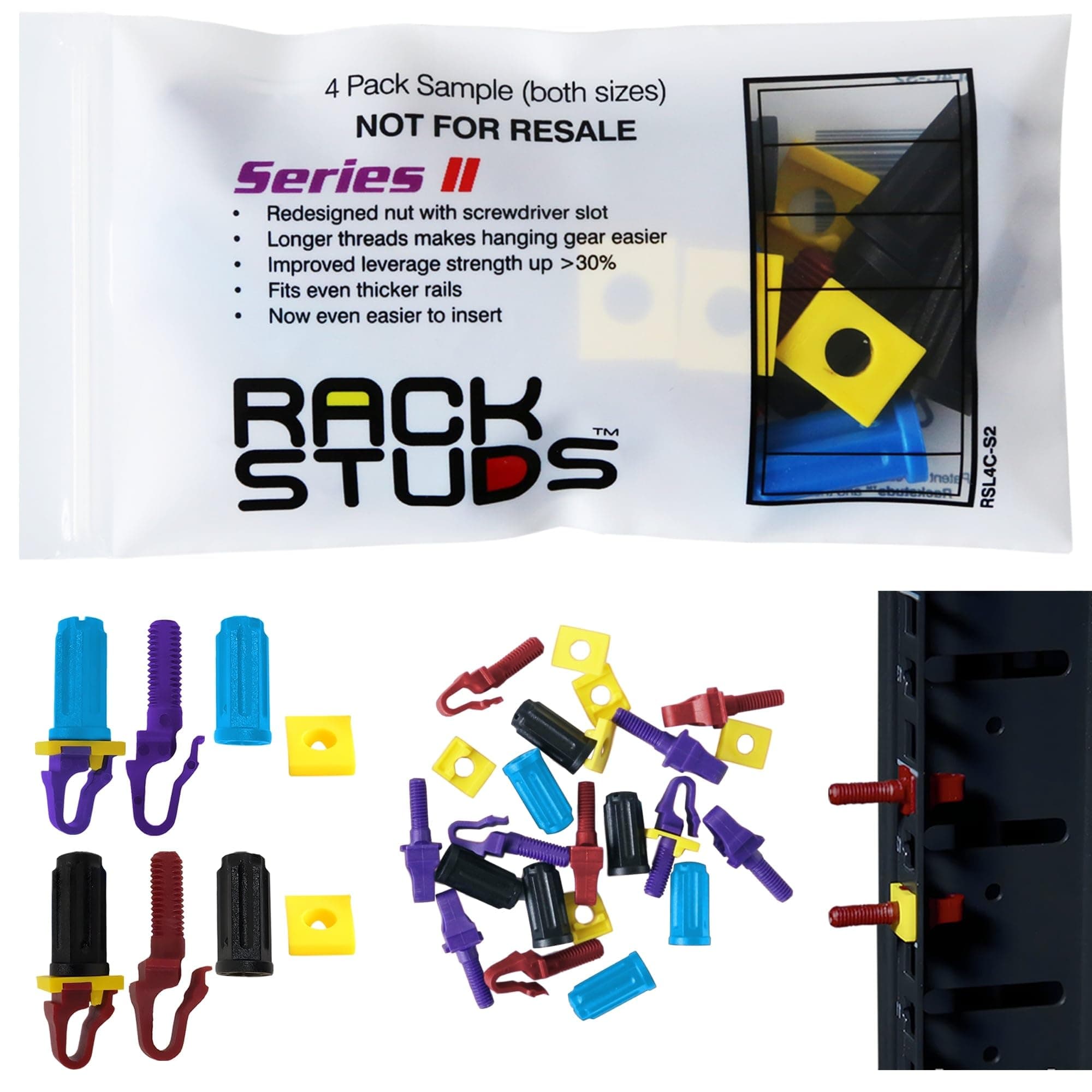 4C Rack Mount Solution II - Sample Pack 4 of Each Size | Includes Both Red (2.2 mm) and Purple (3.2 mm) Studs | The complete solution for any 19" racks with square punched vertical rails