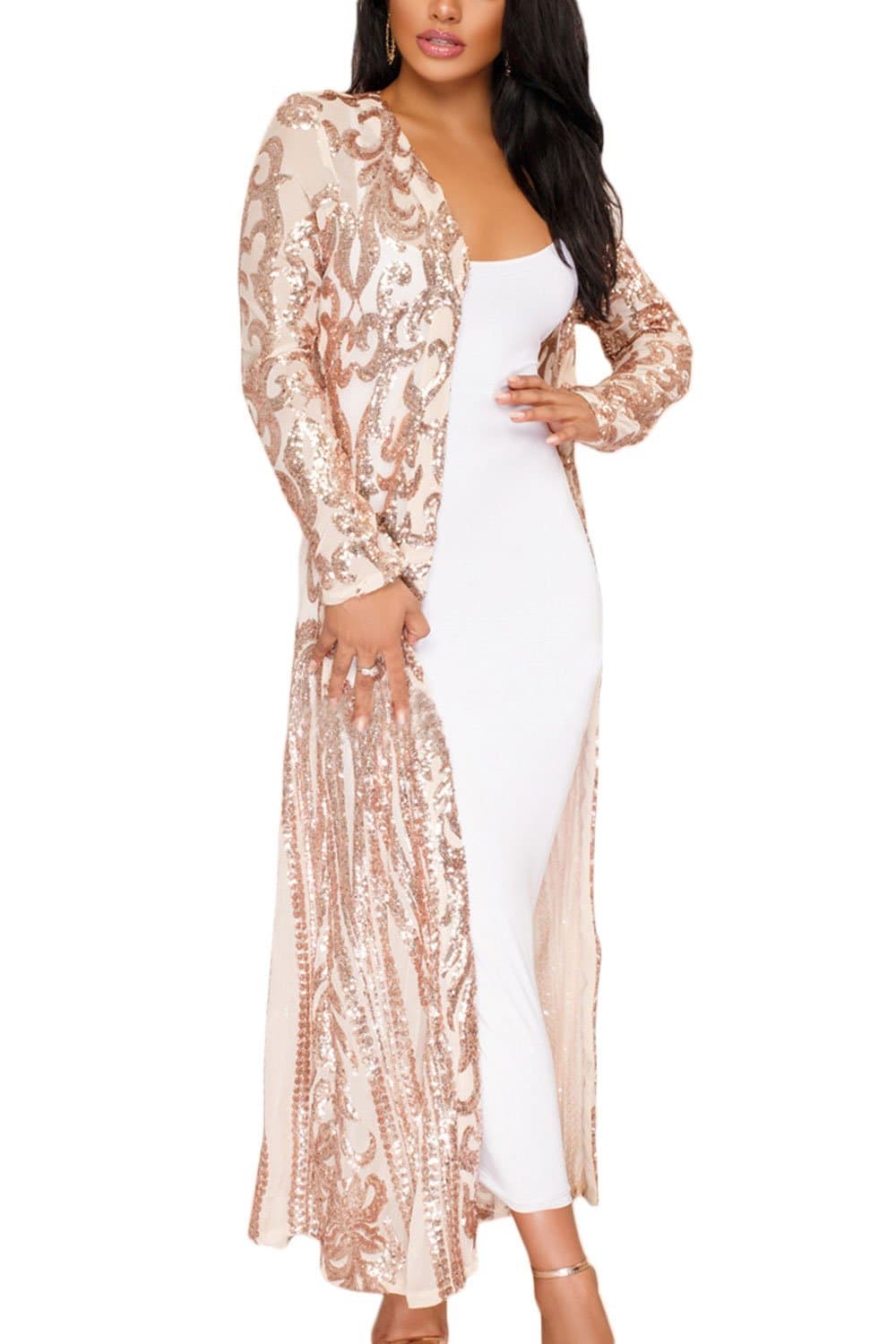 Women Sequins Outwear Sheer Ankle Length Cardigan Jacket