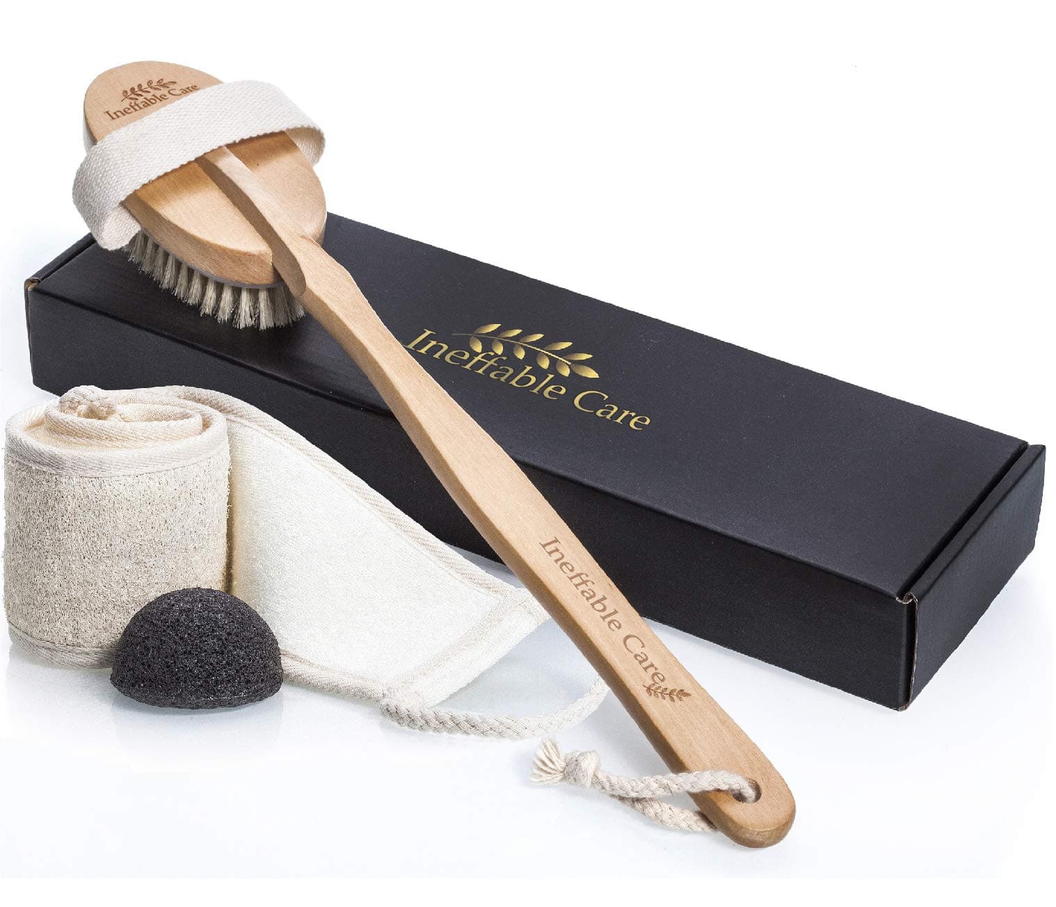 Loofah Back Scrubber & Body Brush for Dry Skin Brushing with 100% Natural Boar Bristles and Long Handle - Exfoliating Konjac Sponge - Back Scratcher Brush, Bath and Shower Cellulite Brush Gift set