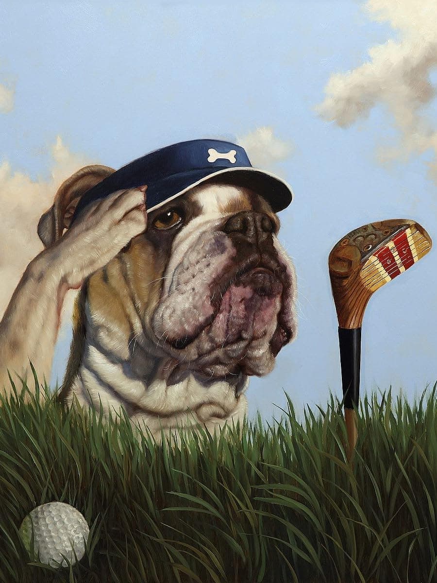 Picture Peddler Mulligan by Lucia Heffernan English Bulldog Playing Golf Funny Whimsical Art Print Image and Overall Size is 11x14 Inches