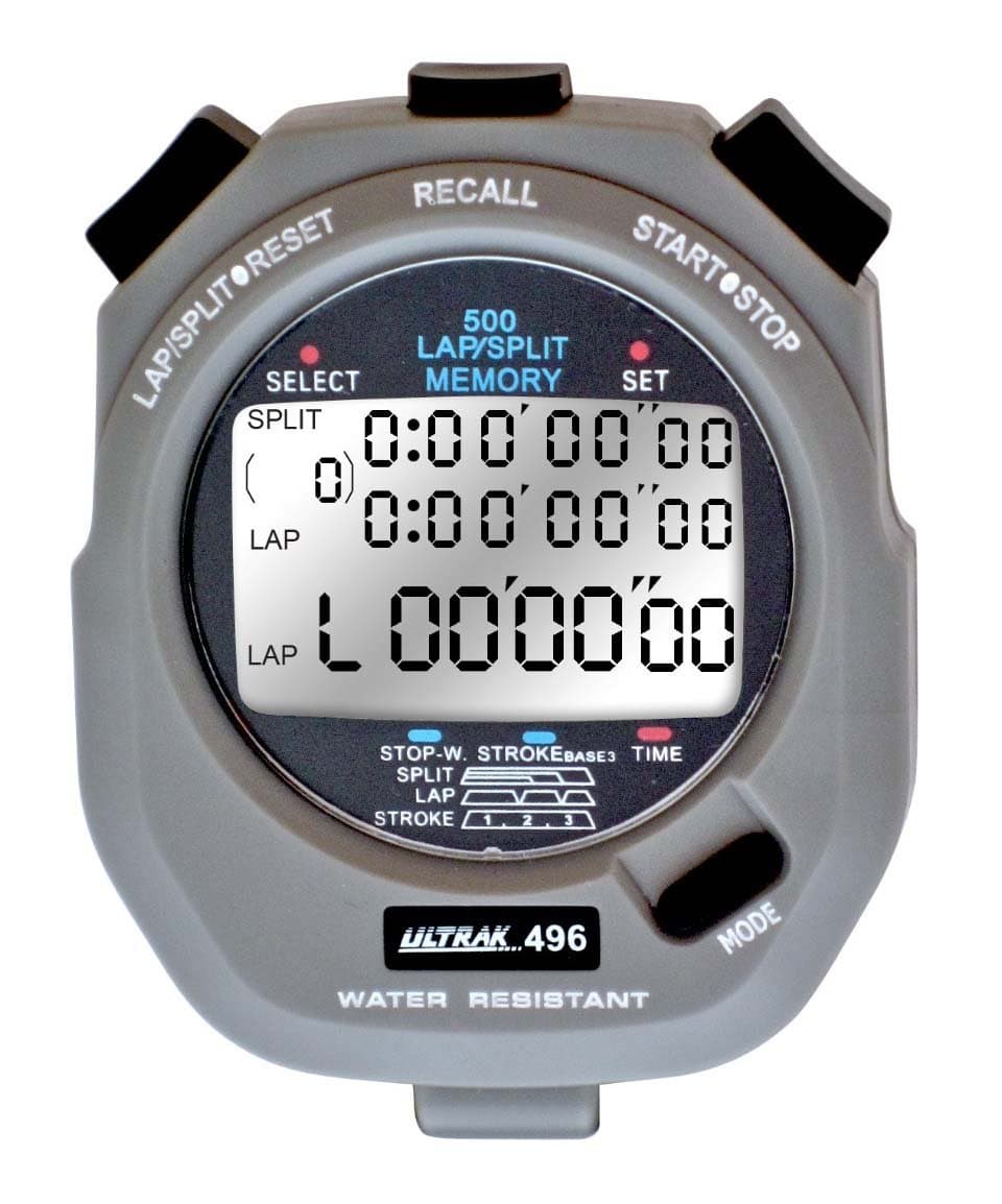 496 500-Lap Stopwatch, Dual-Split Memory Sports Timer with LCD Display, Water-Resistant, Stroke Rate & Countdown, Long-Life Battery