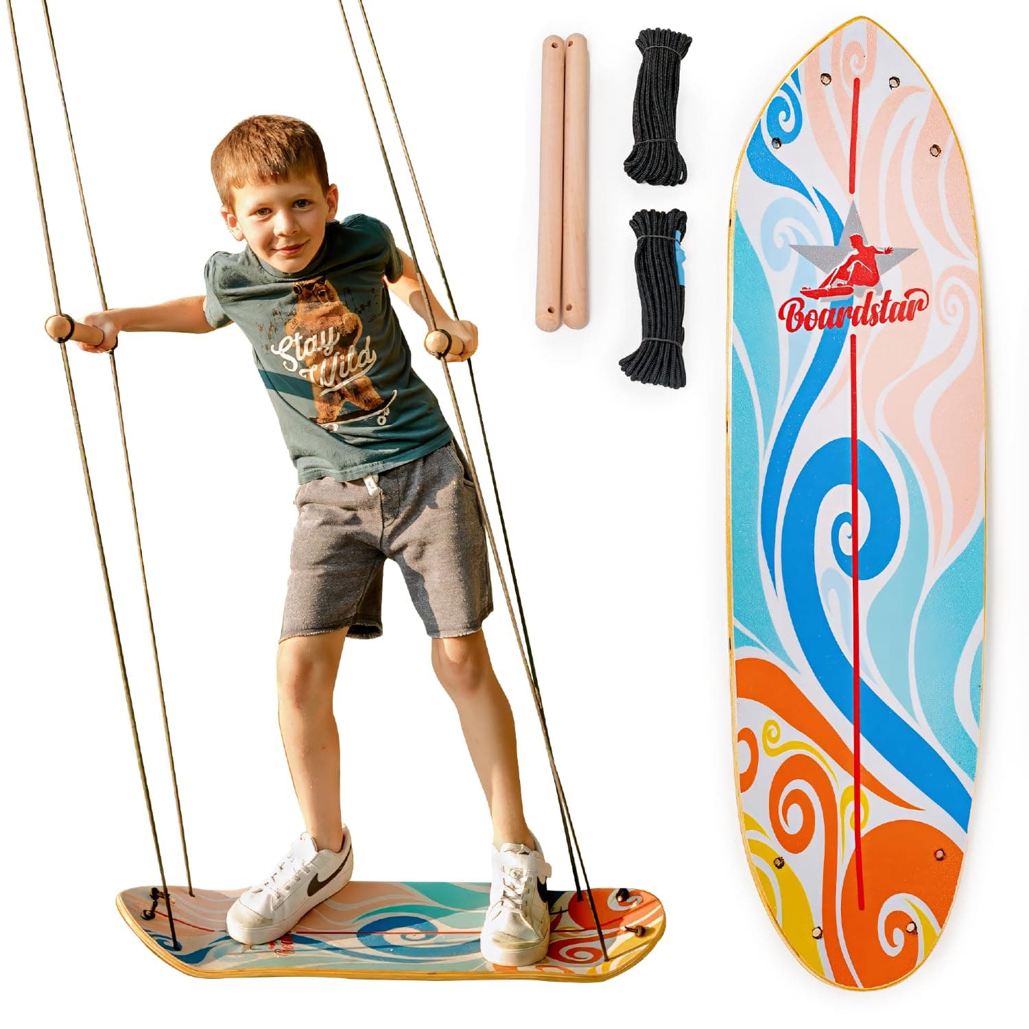 Outdoor Standing Swing for Kids - Totally Rad Surf Skate Inspired Stand Up Tree Swing for Kids with Adjustable Handles - Easy-to-Install Kids Swings for Outside - Boys & Girls Ages 4-14 - Swirl
